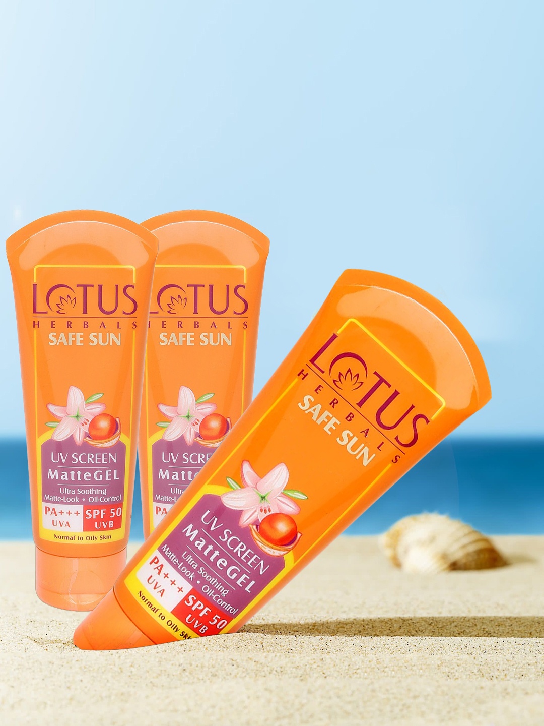 

Lotus Herbals Set of 3 Safe Sun UV Screen Matte Gel Sunscreen with SPF 50 - 100 g each, Orange