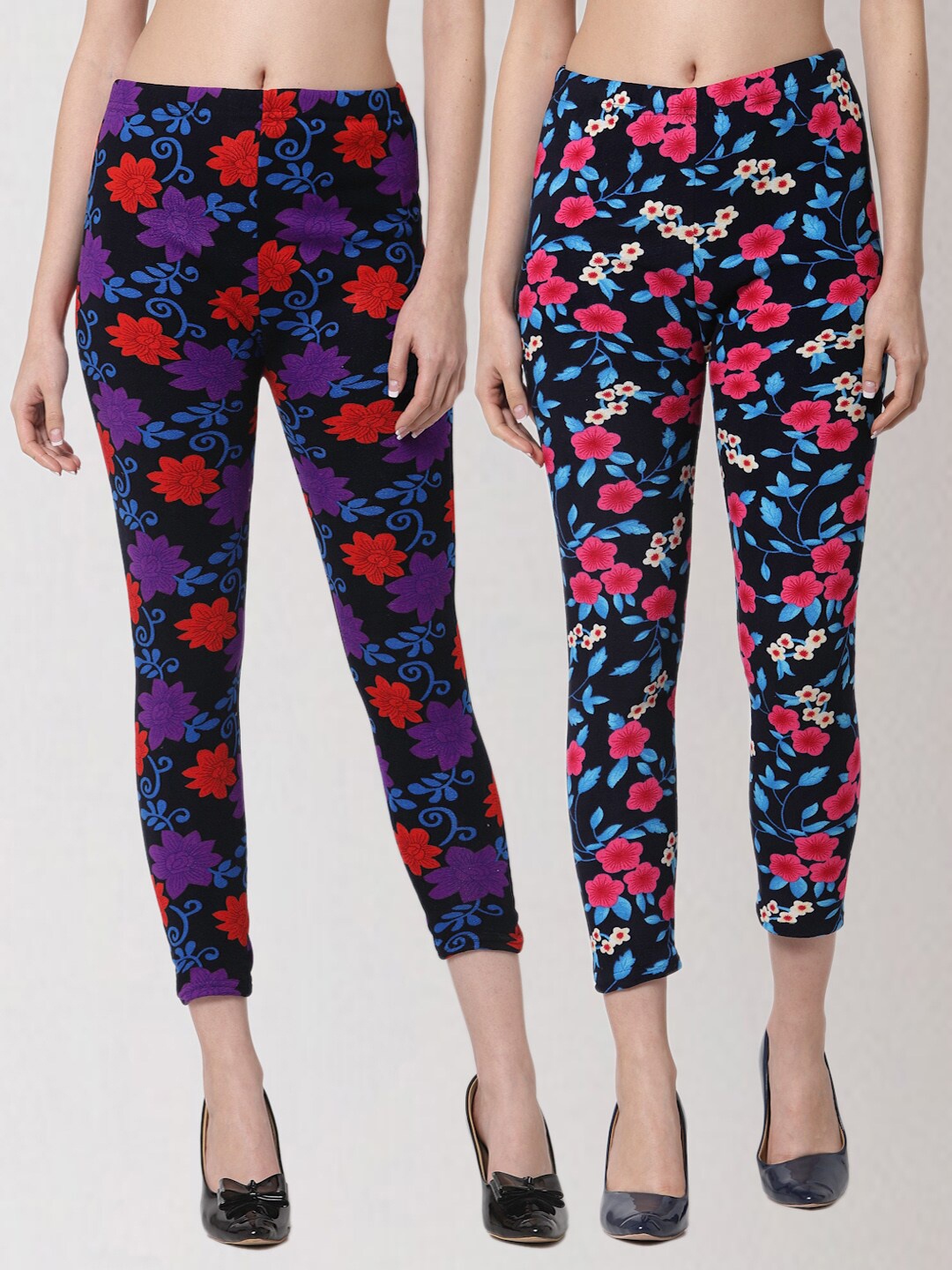 

KLOTTHE Women Set of 2 Multicoloured Floral Printed Skinny Fit Woollen Jeggings, Multi