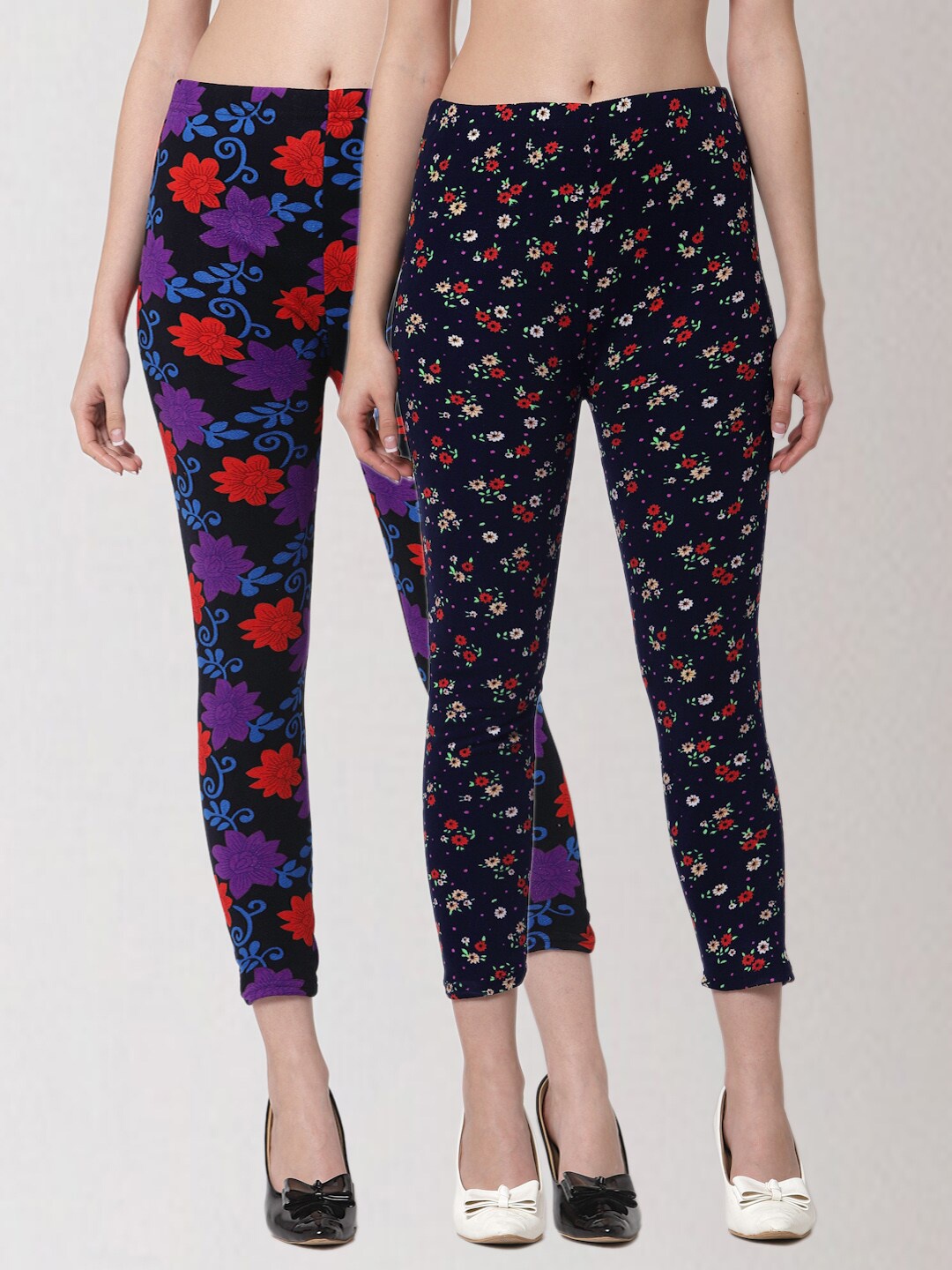 

KLOTTHE Women Pack of 2 Printed Skinny Fit Woolen Jeggings, Black