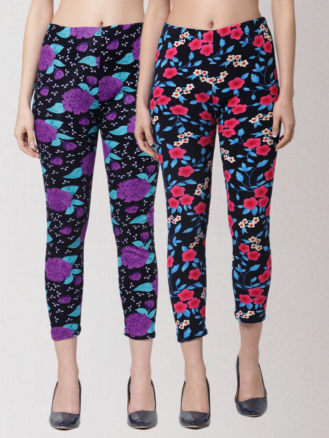 

KLOTTHE Women Pack of 2 Printed Skinny Fit Woolen Jeggings, Blue
