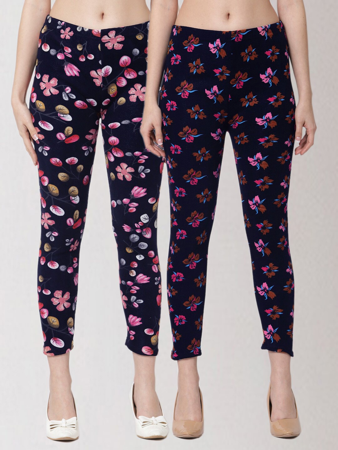 

KLOTTHE Women Pack of 2 Floral Printed Skinny Fit Woolen Jeggings, Blue