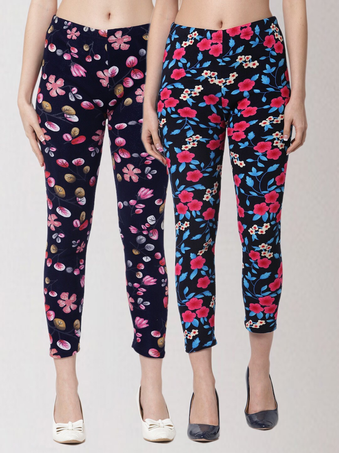 

KLOTTHE Women Pack Of 2 Floral Printed Skinny Fit Woollen Treggings, Blue