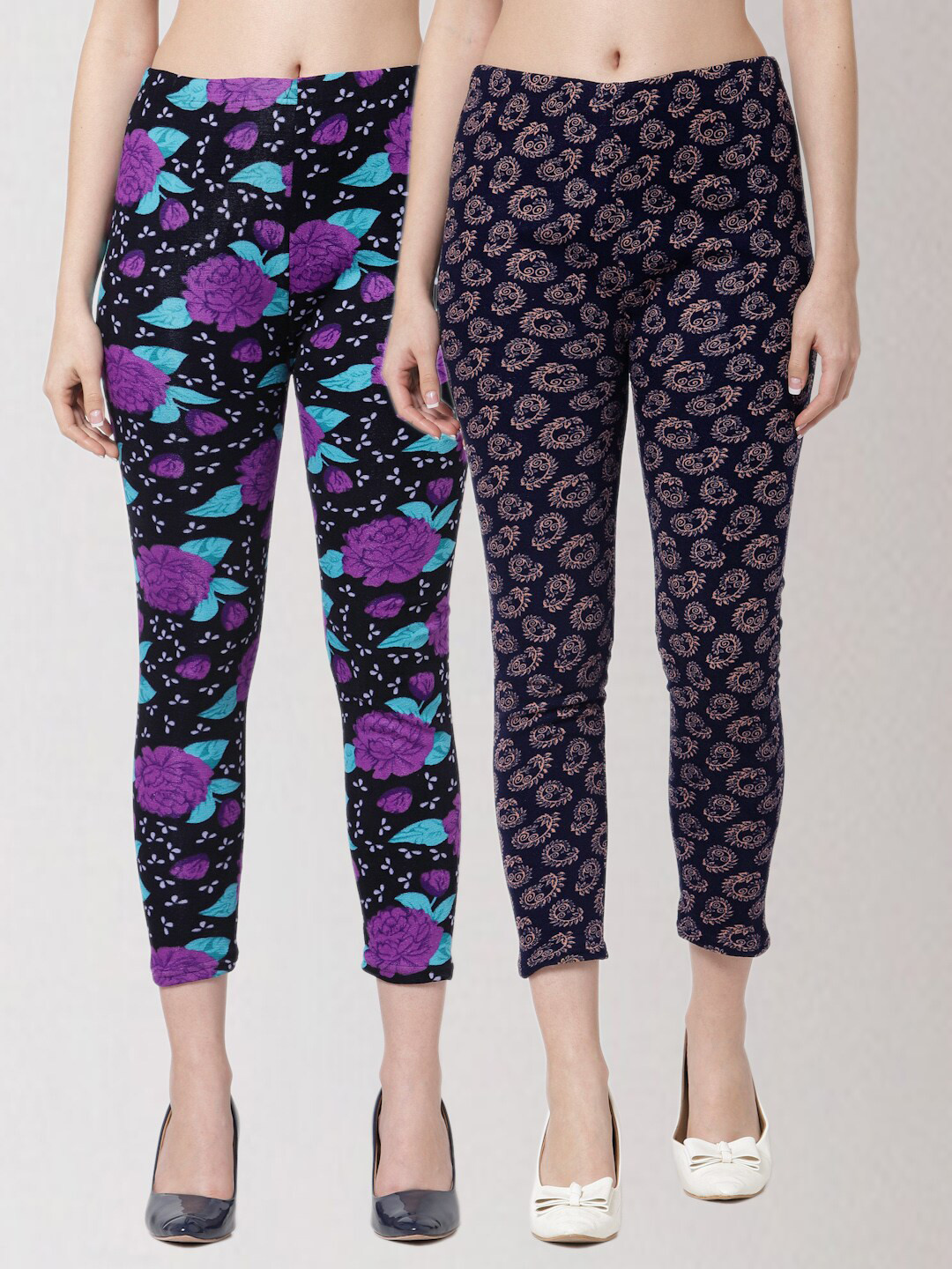 

KLOTTHE Women Set of 2 Navy Blue & Pink Printed Skinny Fit Woolen Jeggings