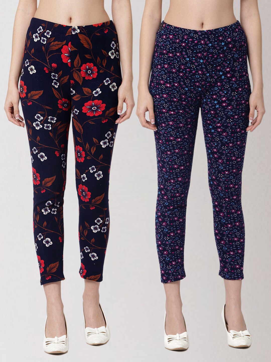 

KLOTTHE Women Pack of 2 Floral Printed Skinny Fit Woolen Treggings, Navy blue