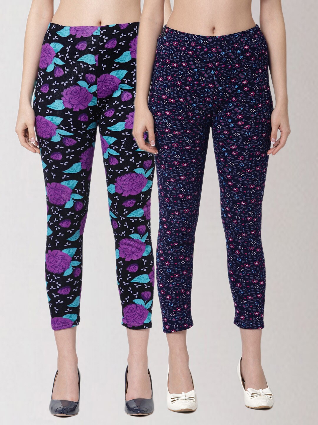 

KLOTTHE Women Pack Of 2 Printed Skinny Fit Woolen Jeggings, Black
