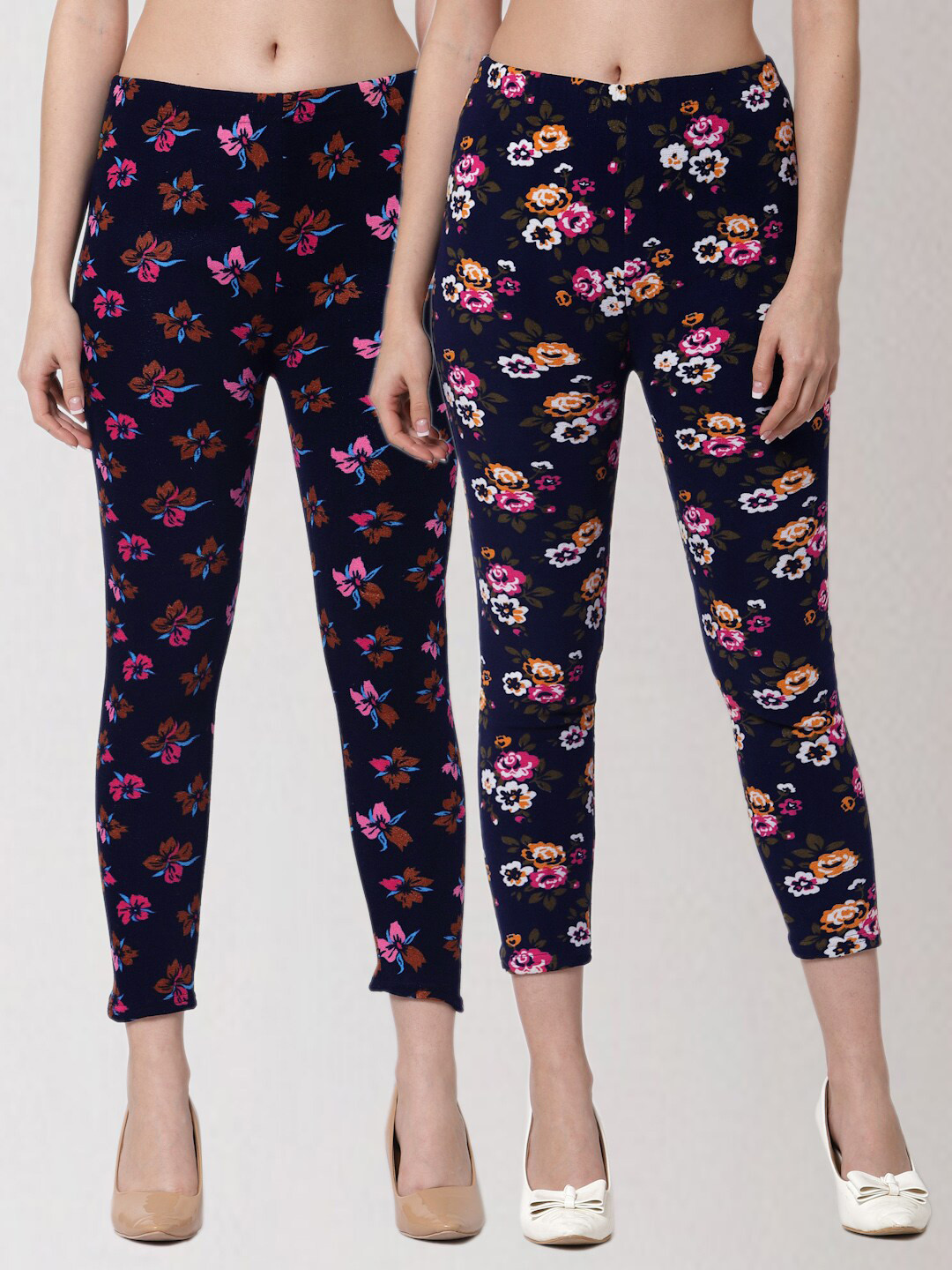 

KLOTTHE Women Pack Of 2 Blue & Pink Floral Printed Skinny Fit Woollen Treggings