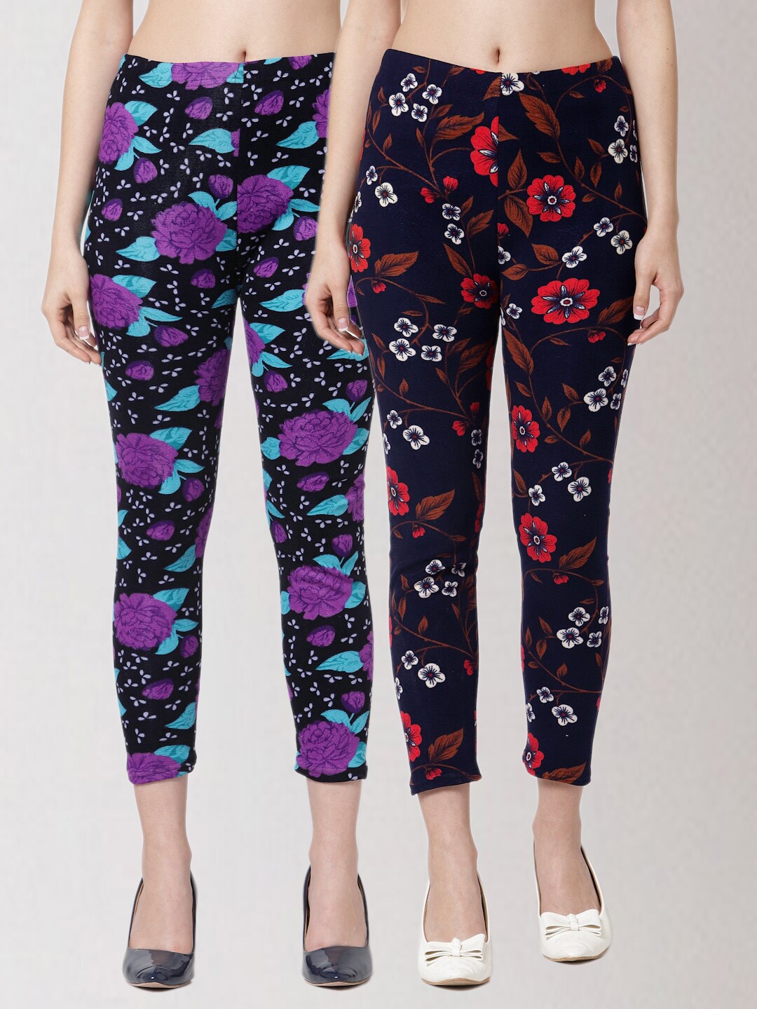 

KLOTTHE Women Pack Of 2 Printed Skinny Fit Woolen Jeggings, Black