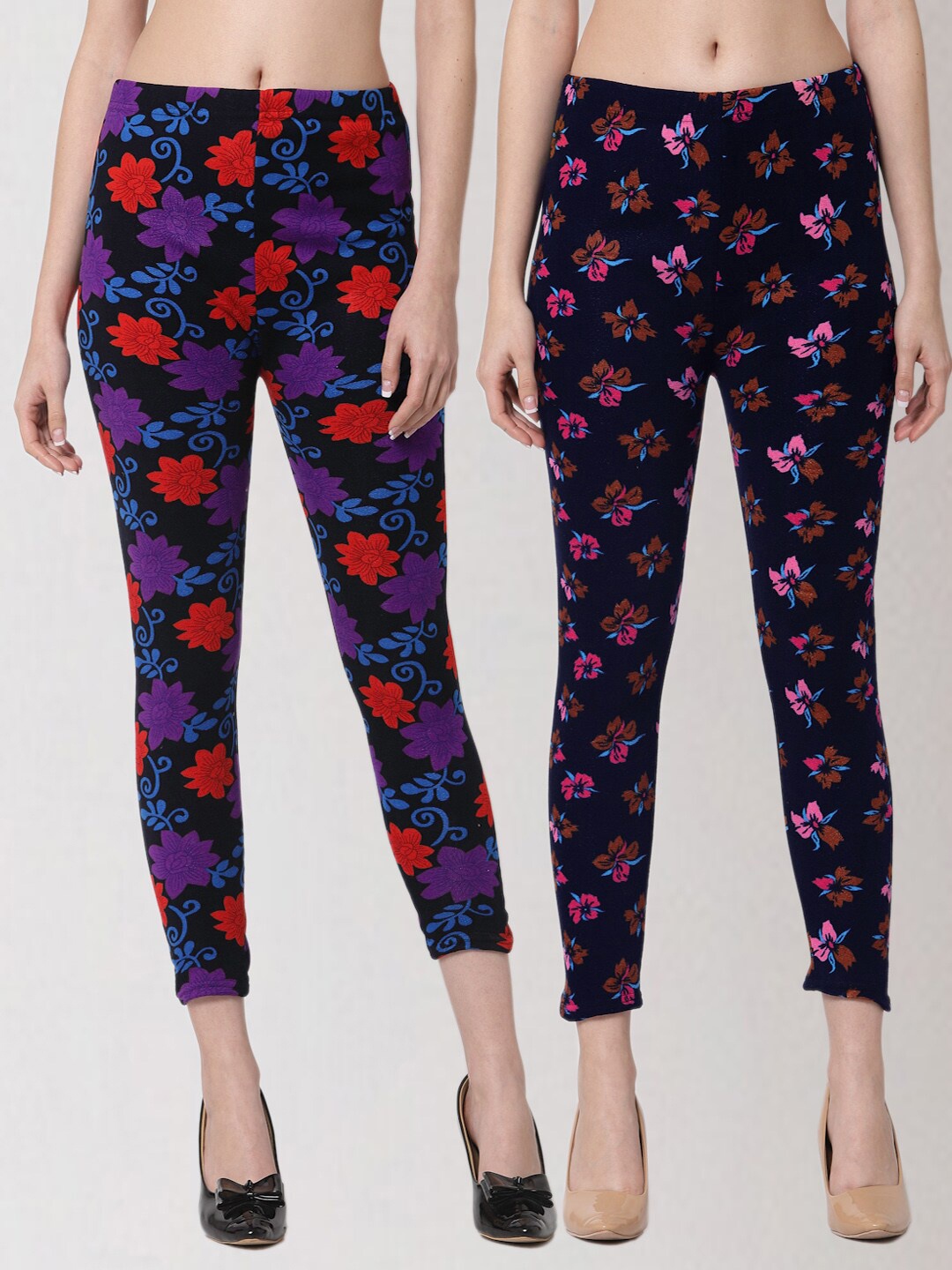 

KLOTTHE Women Pack Of 2 Printed Skinny Fit Woolen Jeggings, Black