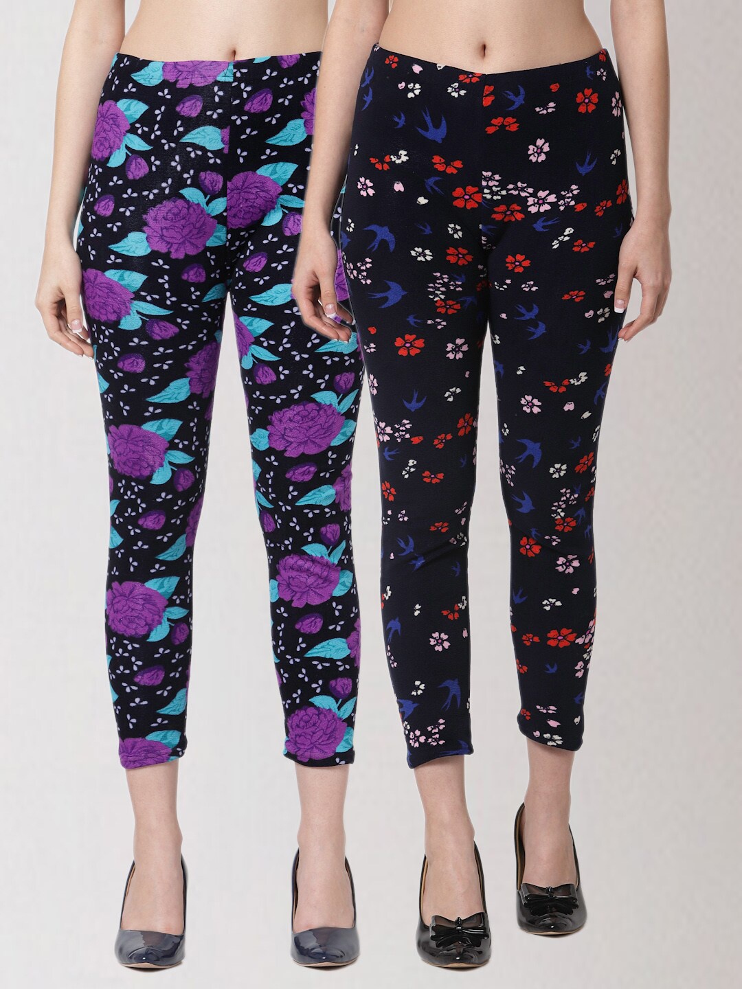 

KLOTTHE Women Pack Of 2 Printed Skinny Fit Woolen Jeggings, Black