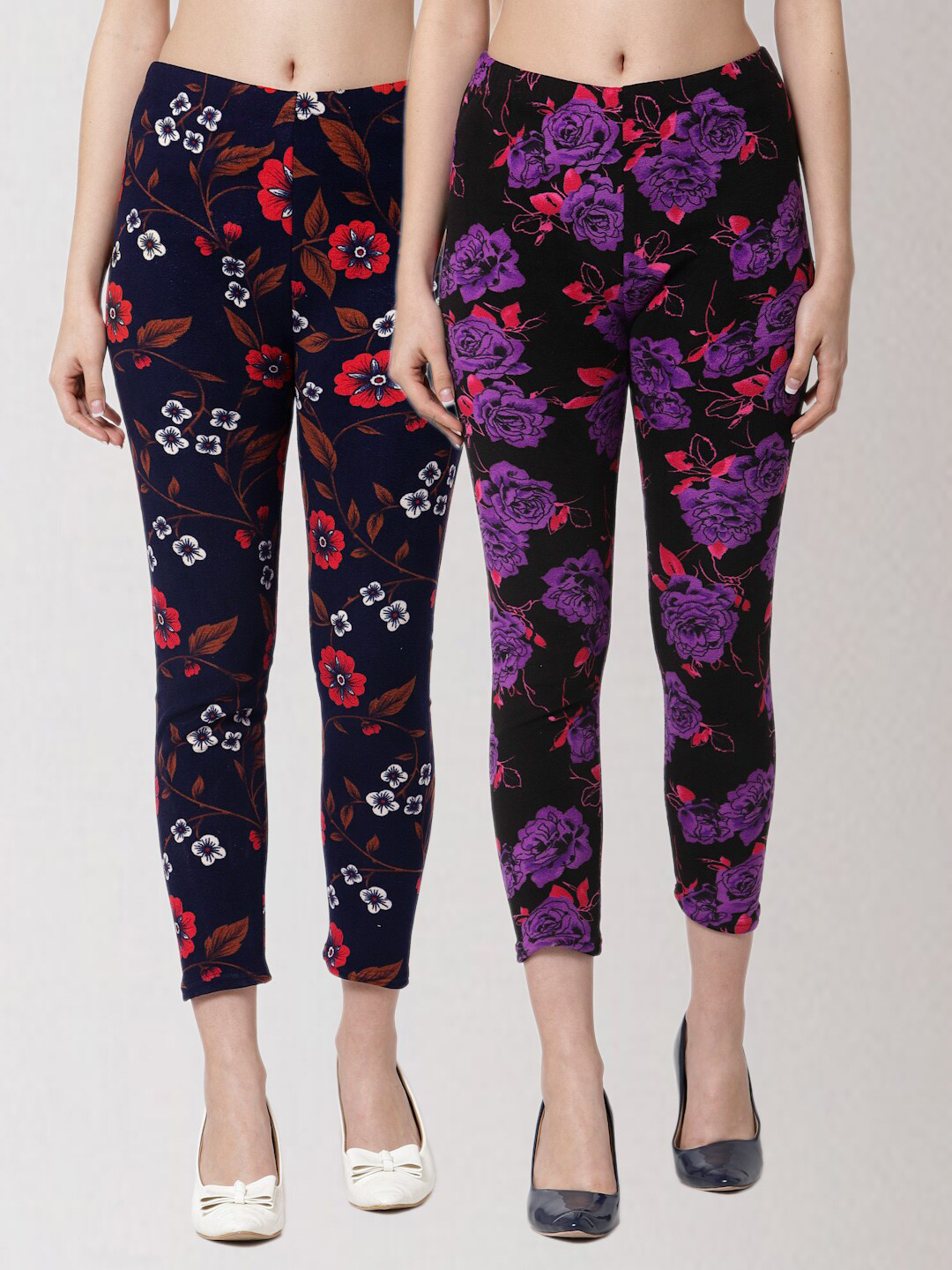 

KLOTTHE Women Pack Of 2 Printed Skinny-Fit Woolen Jeggings, Black
