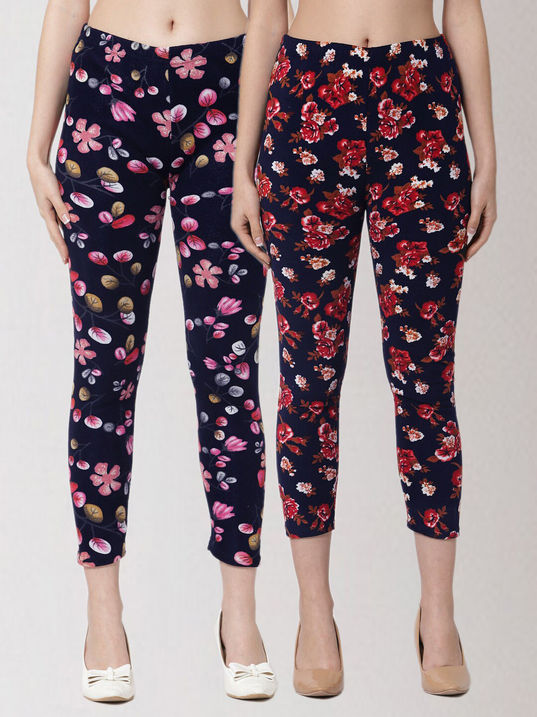 

KLOTTHE Women Set of 2 Multicoloured Floral Printed Skinny Fit Woollen Jeggings, Multi