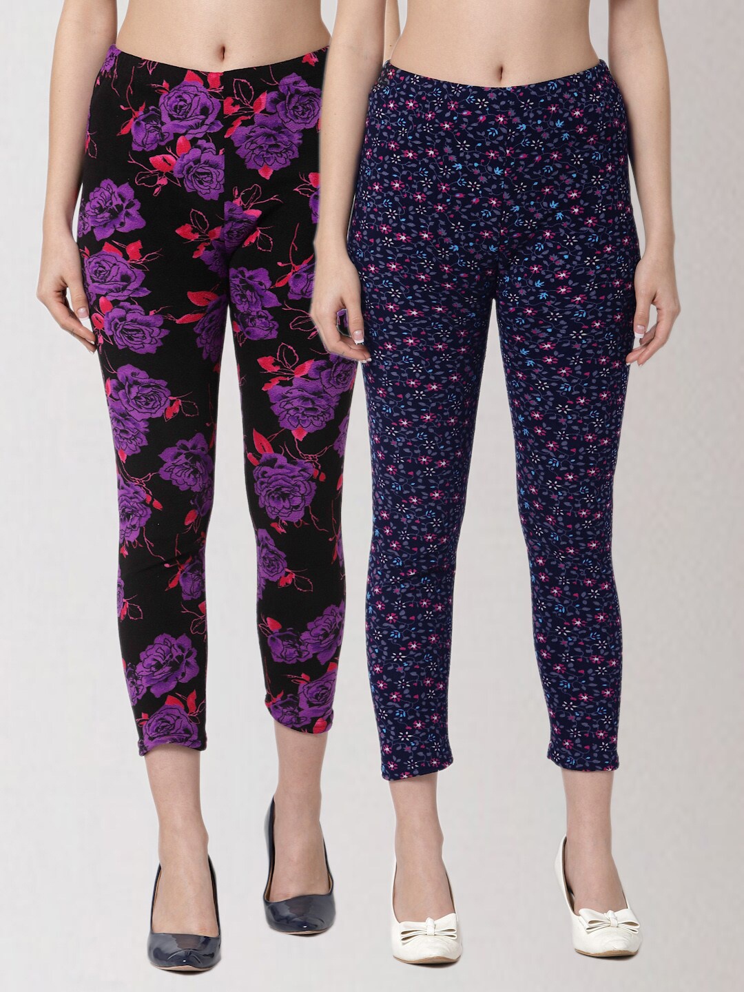 

KLOTTHE Women Pack Of 2 Floral Printed Skinny Fit Woollen Treggings, Multi