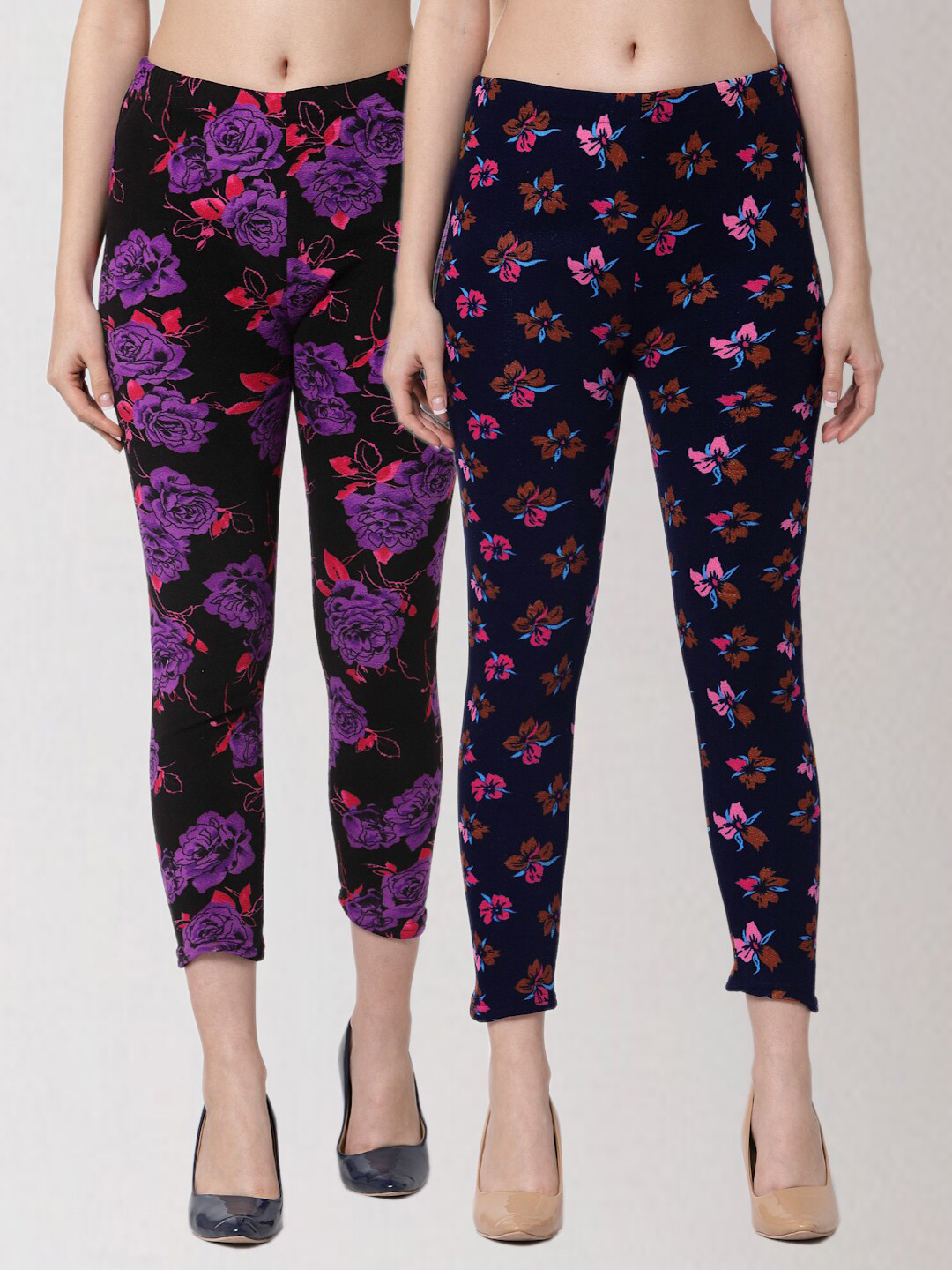 

KLOTTHE Women Pack Of 2 Printed Skinny-Fit Woolen Jeggings, Black