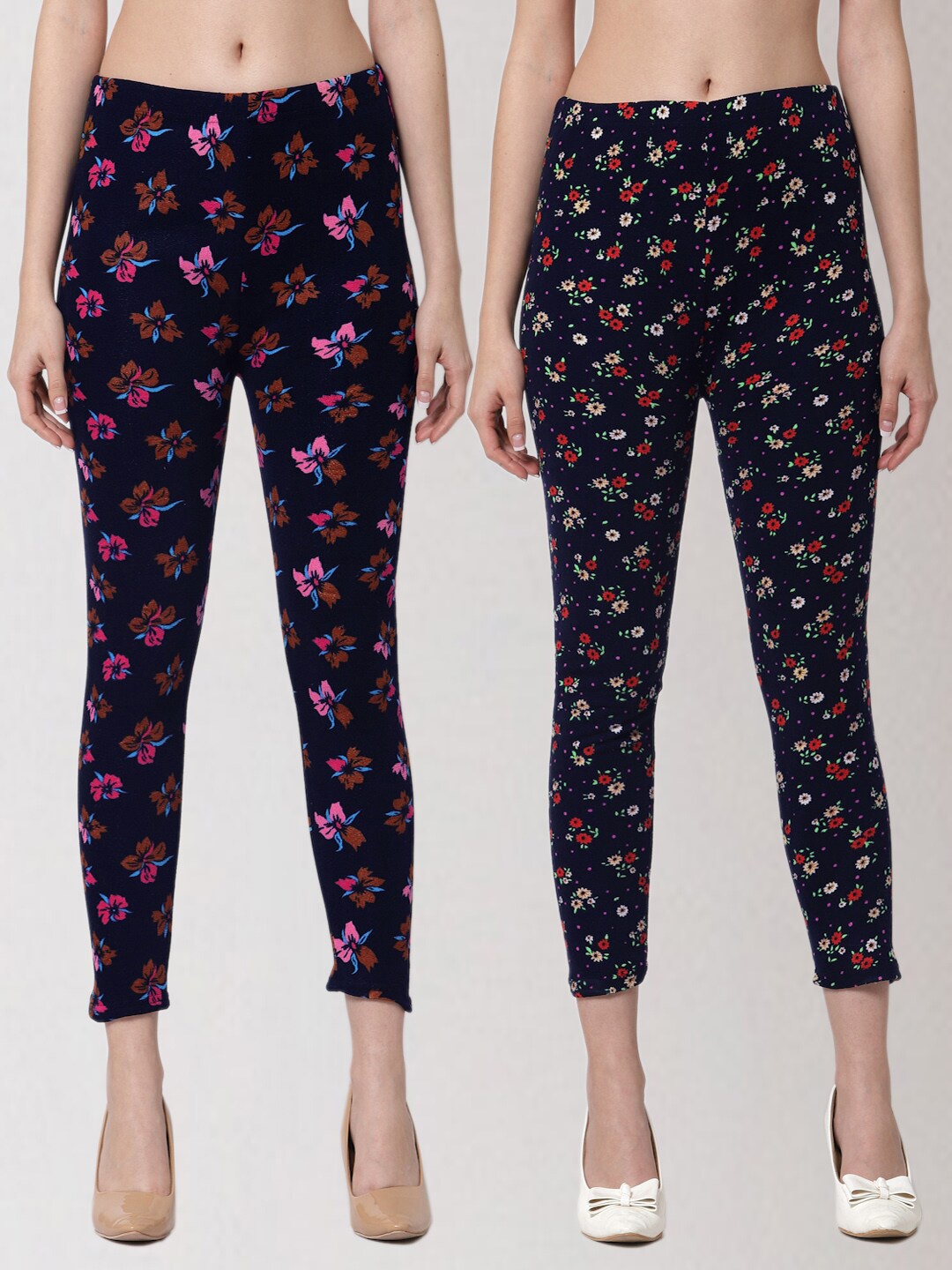 

KLOTTHE Women Pack Of 2 Floral Printed Skinny Fit Woollen Treggings, Blue
