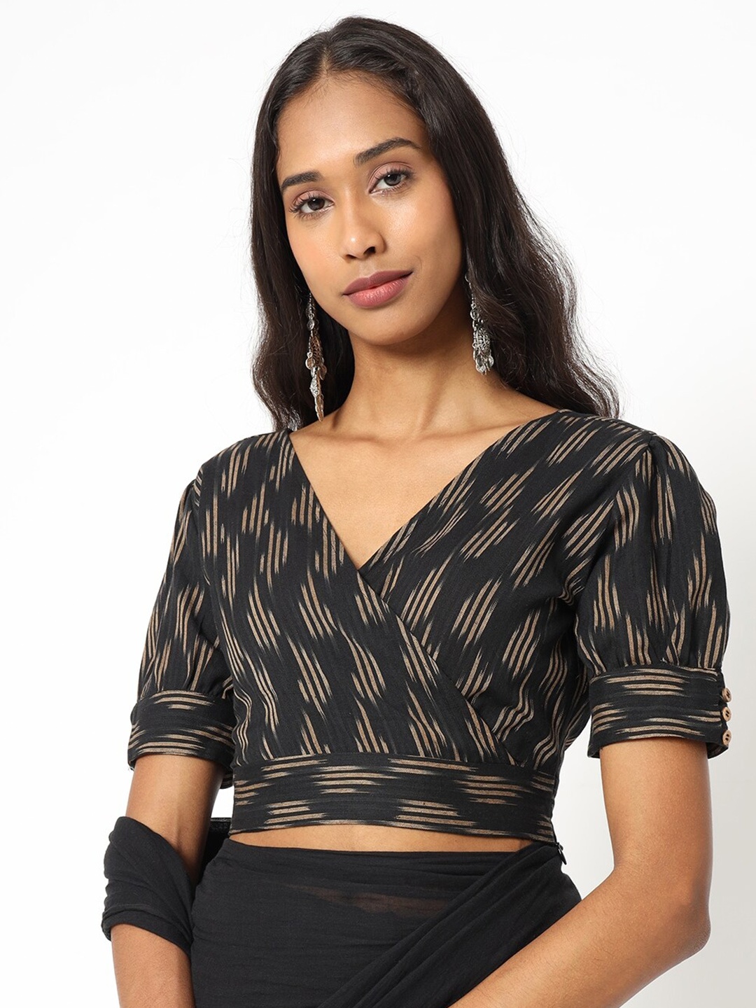 

Saaki Black Ikat Print Pure Cotton Wrap Crop Top