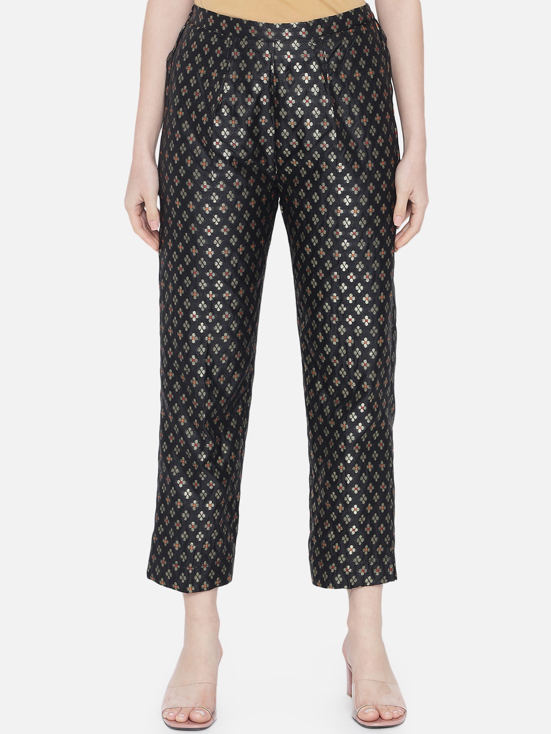 

VAABASTA Women Black Ethnic Motifs Printed Tapered Fit Trousers