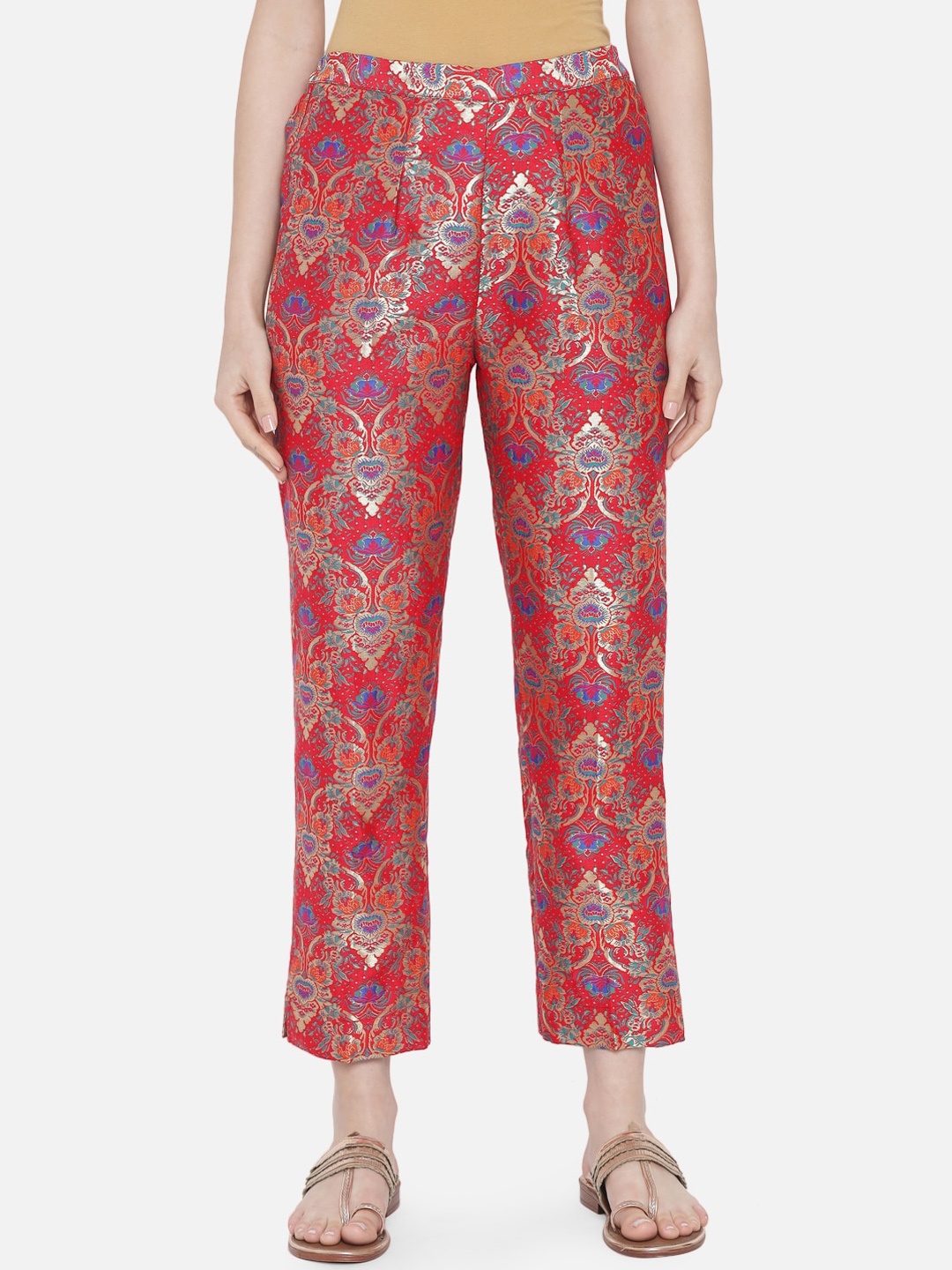 

VAABASTA Women Red Ethnic Motifs Printed Silk Jacquard Tapered Fit Trousers