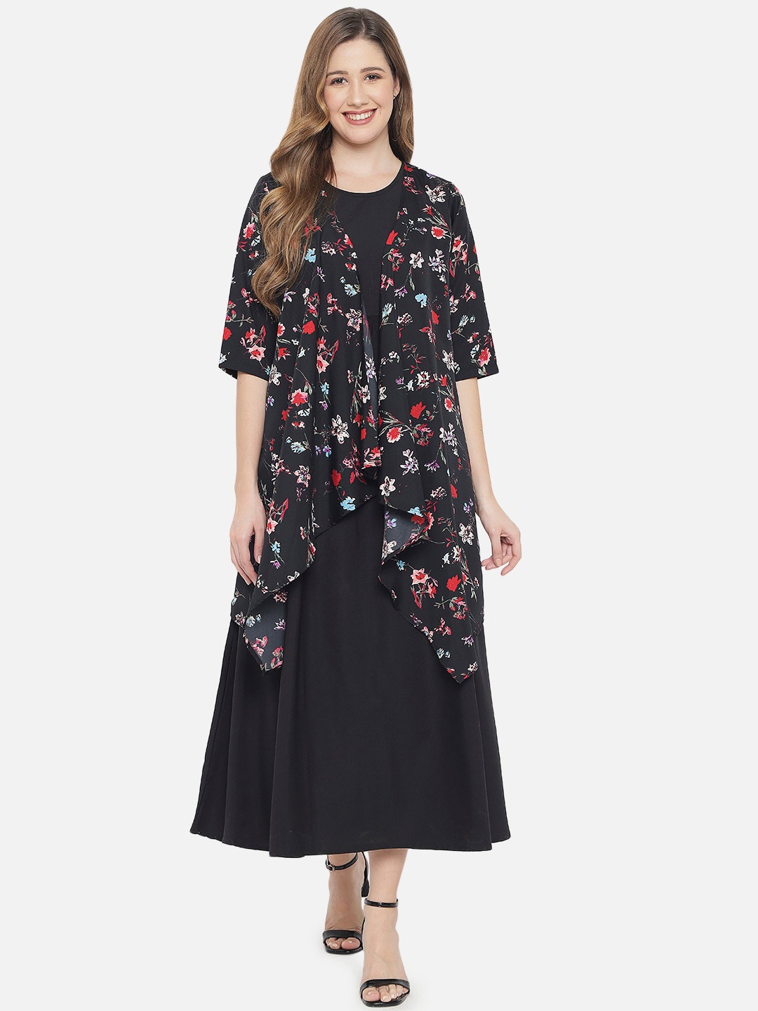 

Indietoga Black Layered Crepe Maxi Dress With Printed Shrug