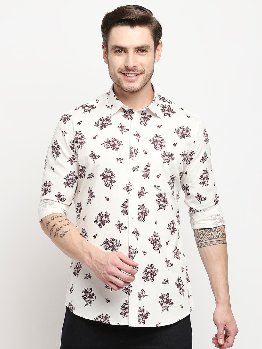 

EVOQ Men Maroon Classic Floral Printed Pure Cotton Casual Shirt