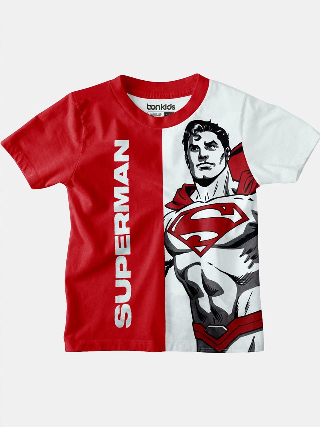 

BONKIDS Boys Red & white Superman Printed V-Neck Applique T-shirt