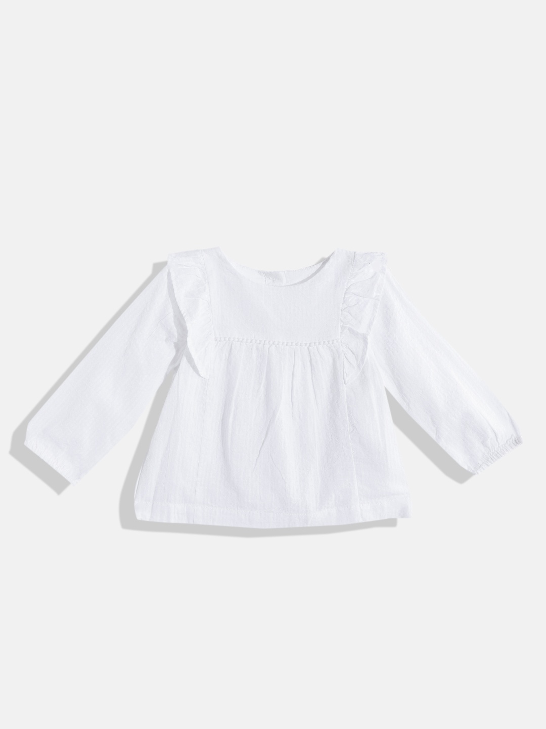 

mothercare White Girls Pure Cotton Self Design Puff SleevesRuffles Top