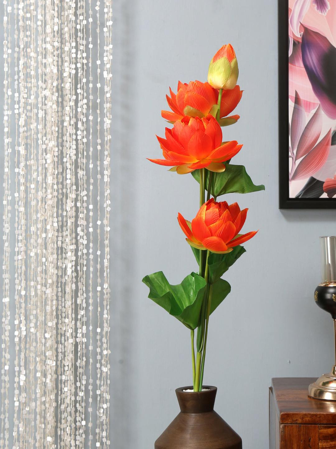 

Athome by Nilkamal Red & Green Artificial Lotus Stick Flower Without Pot