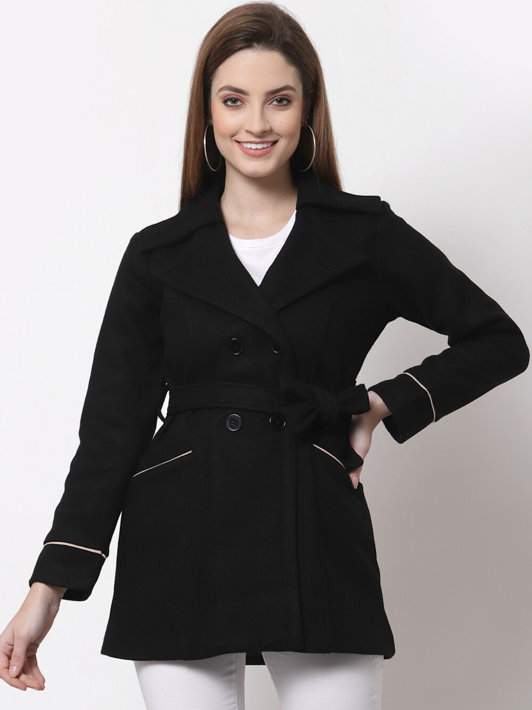 

Style Quotient Women Black Solid Woolen Trench Coat