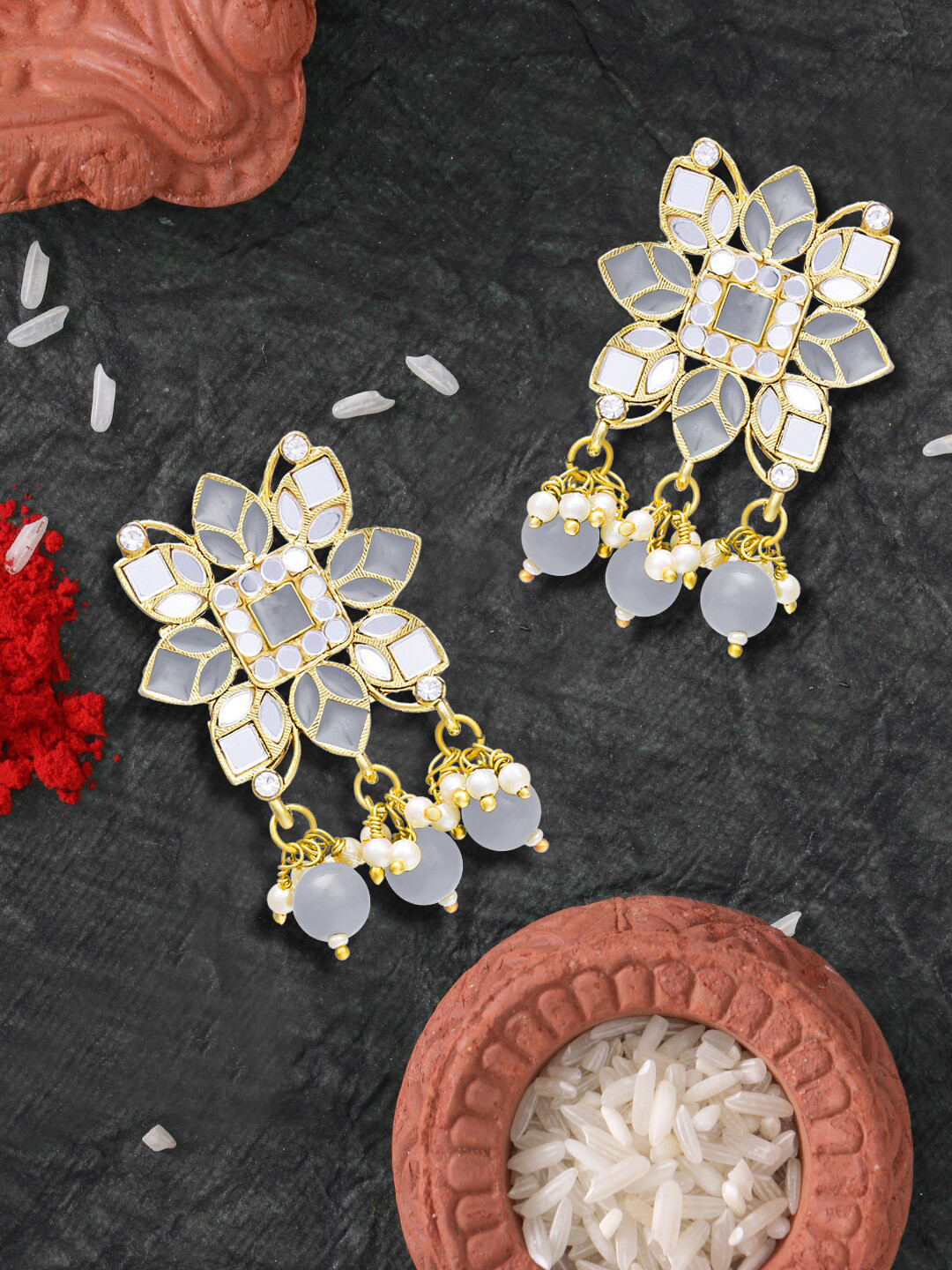 

LIVE EVIL Grey & White Kundan and Pearl Contemporary Drop Earrings