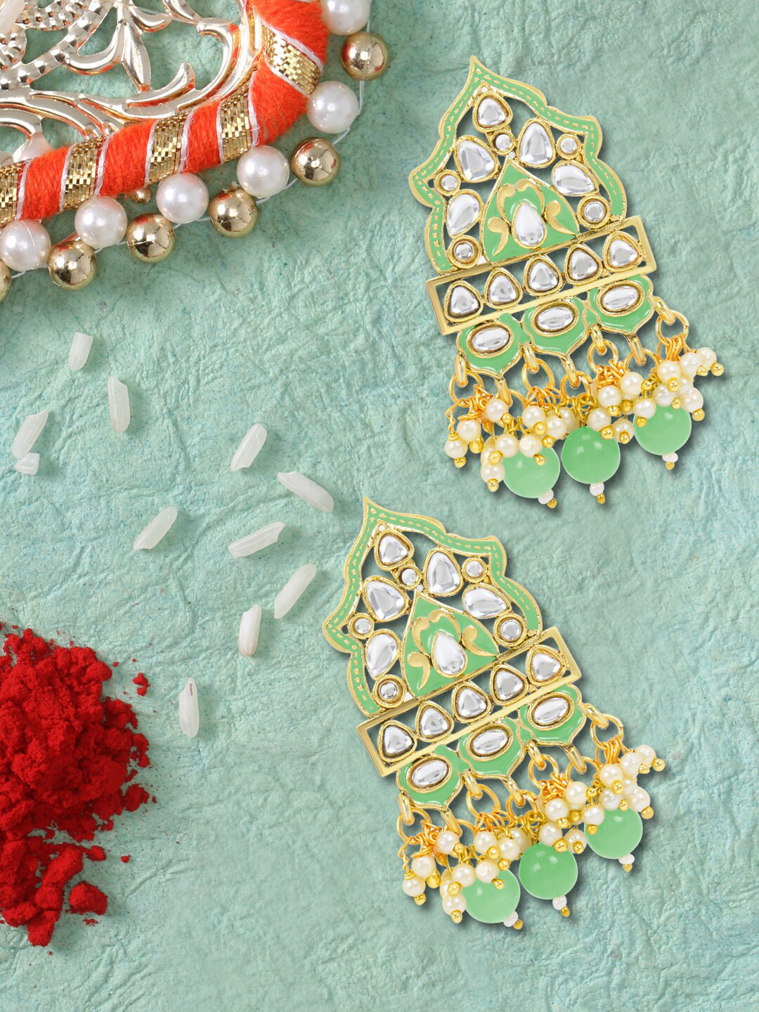 

LIVE EVIL Green Gold Plated Green Jhumkis Kundan and Pearl Earrings Set