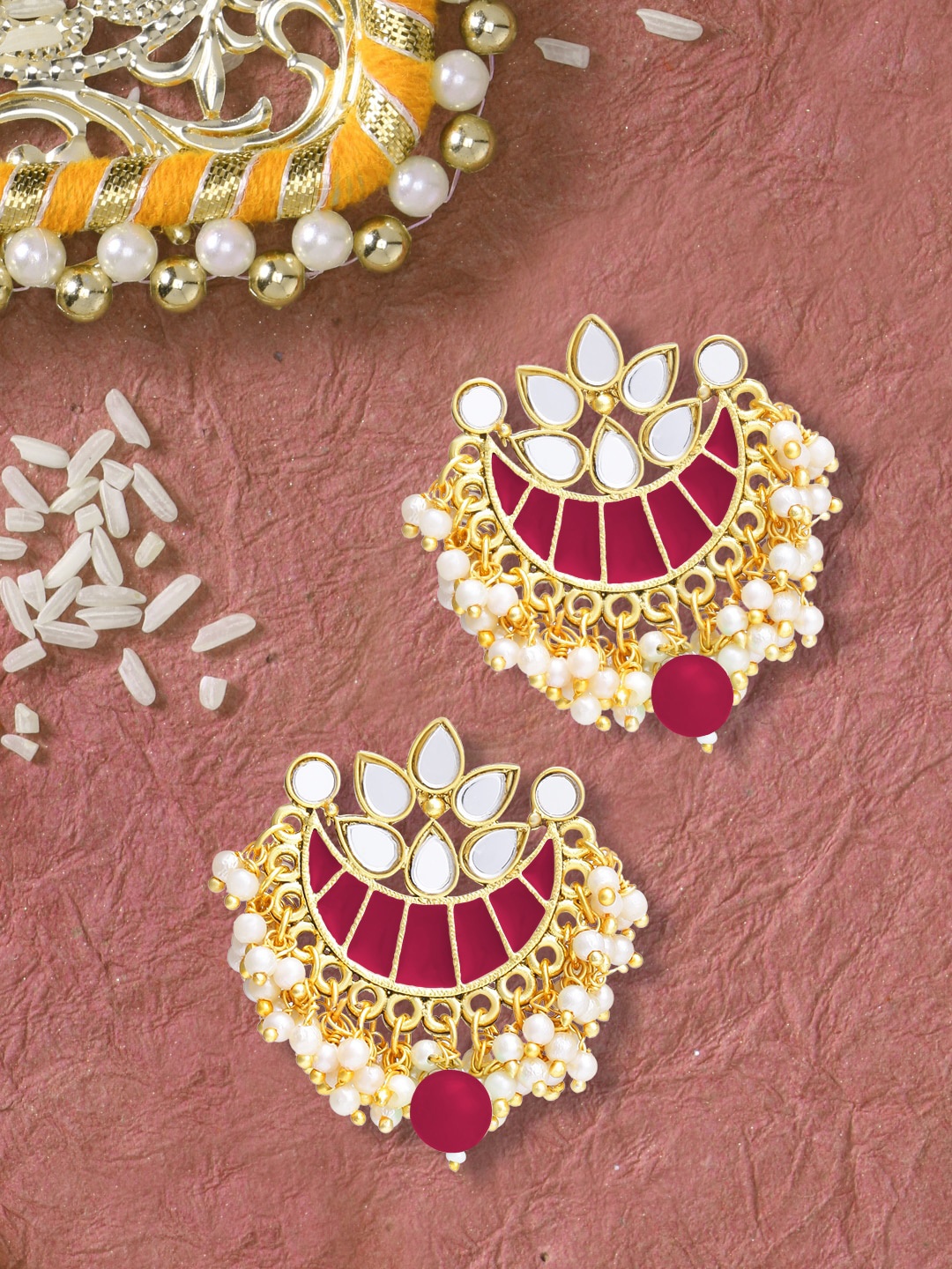 

LIVE EVIL Magenta Crescent Shaped Kundan and Pearl Chandbalis Earrings