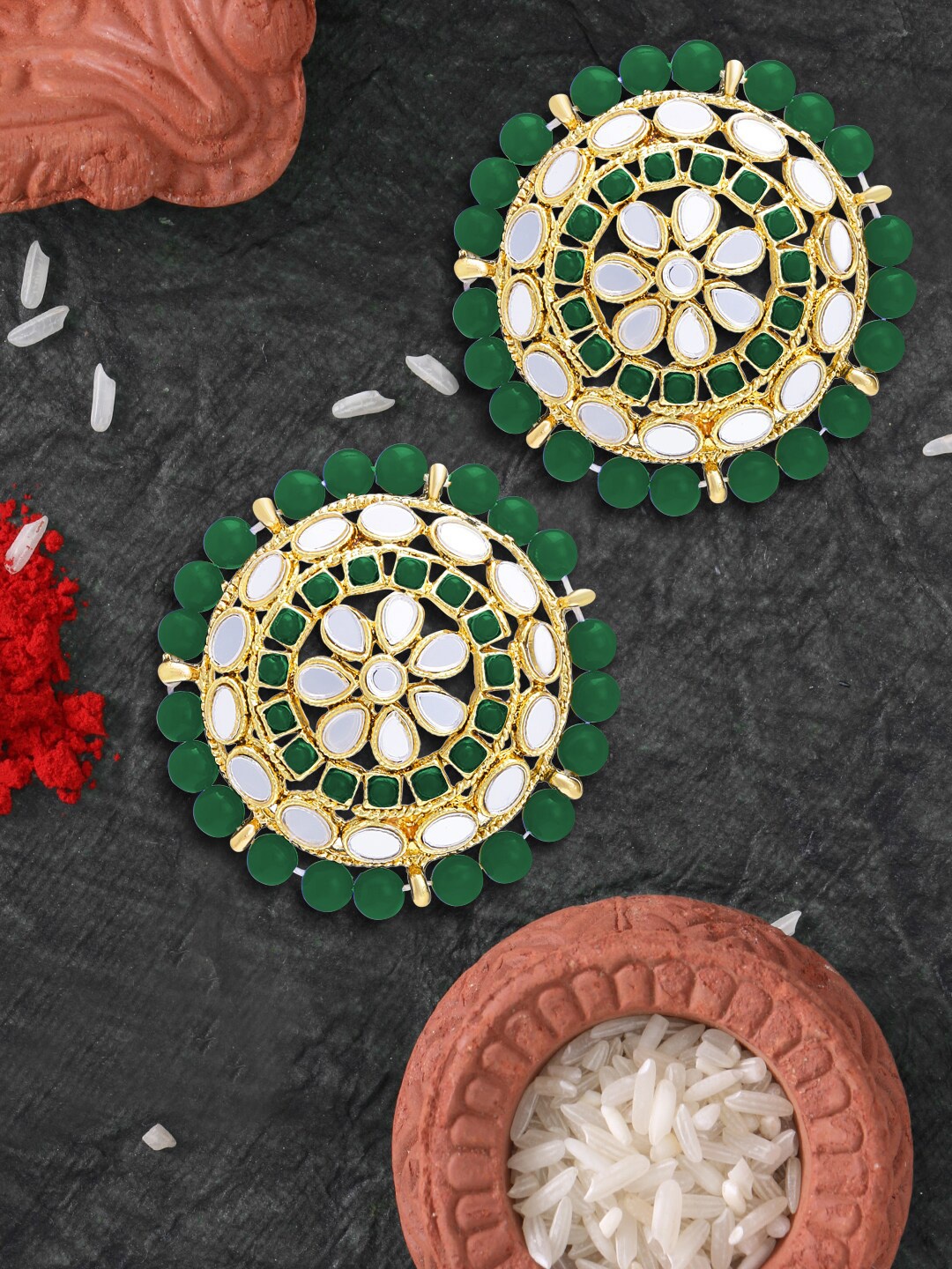

LIVE EVIL Green Gold Plated Kundan and Pearl Contemporary Studs Earrings