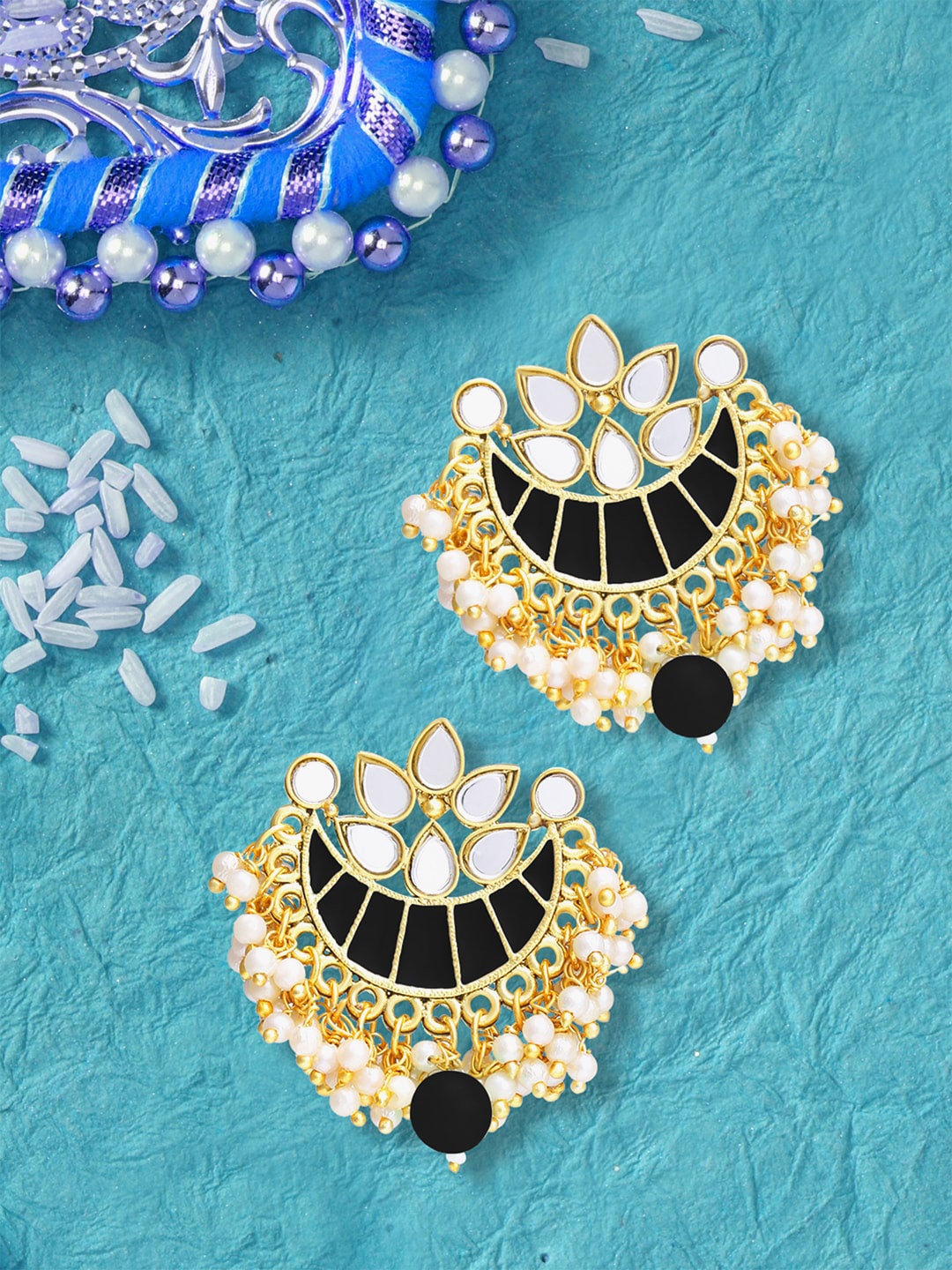 

LIVE EVIL Gold Plated & Black Kundan Chandbali Earrings