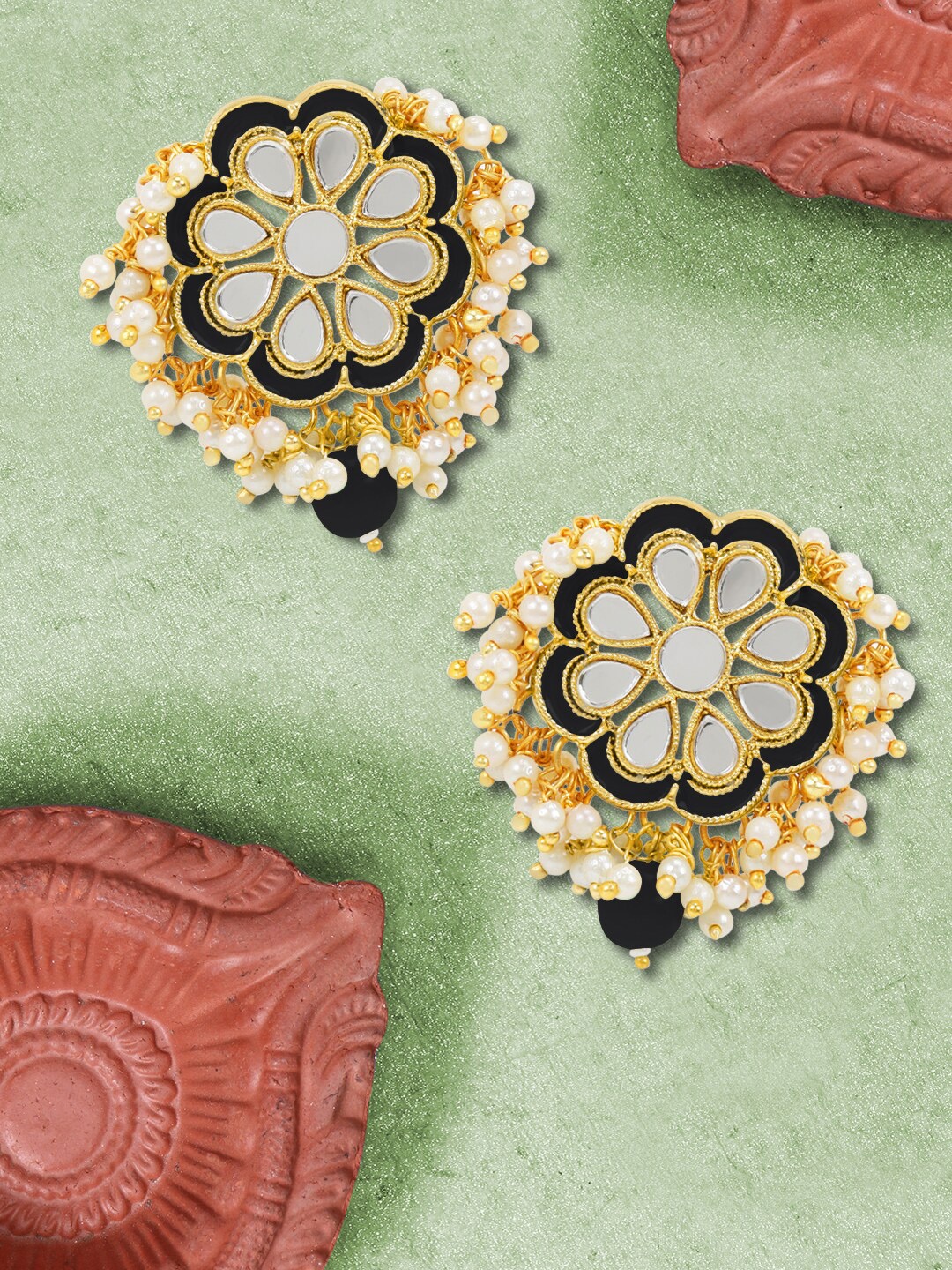 

LIVE EVIL Gold Plated & Black Handcrafted Jhumkis Kundan and Pearl Earrings Set