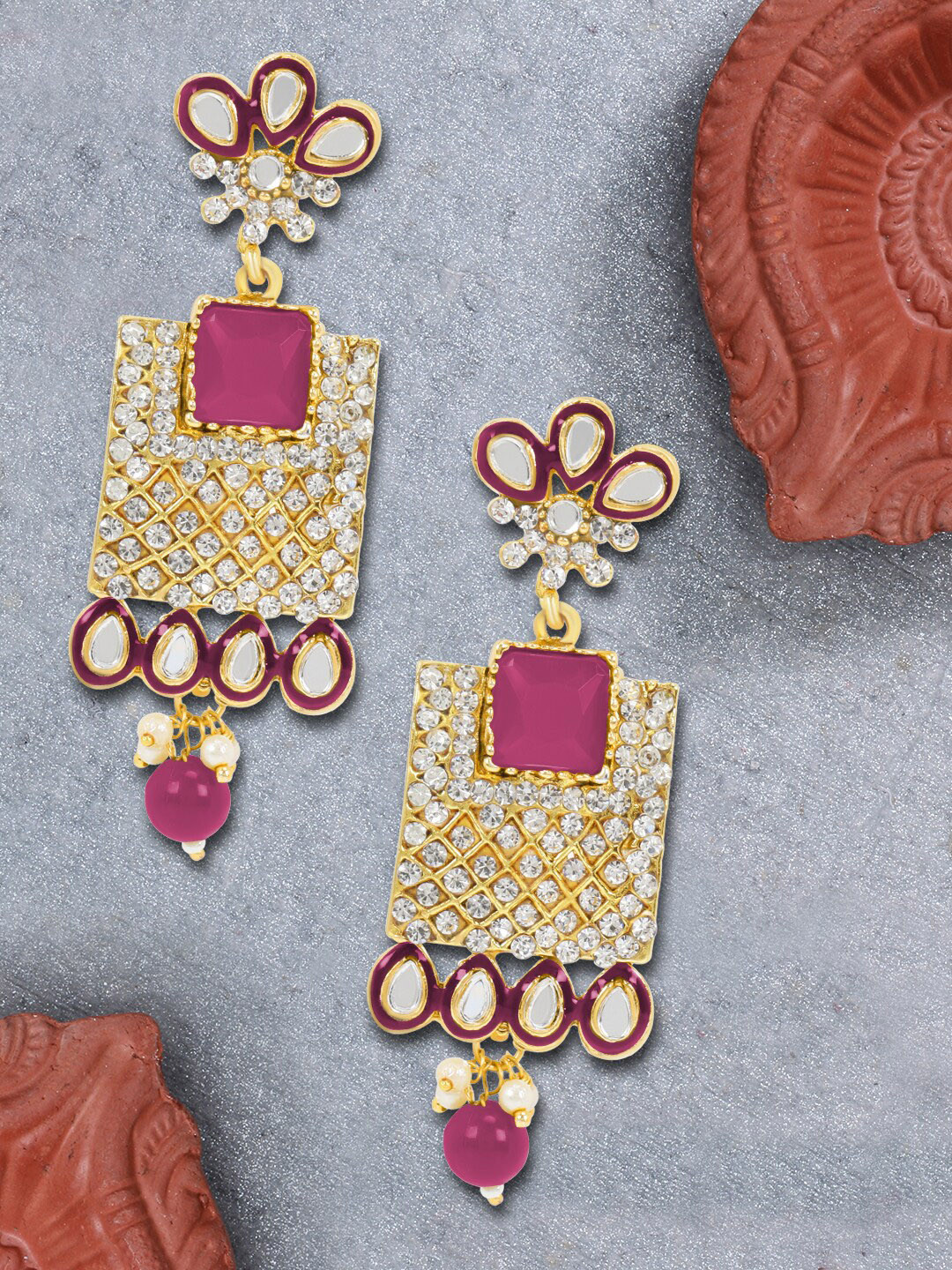

LIVE EVIL Magenta & Gold-Toned Contemporary Kundan Drop Earrings