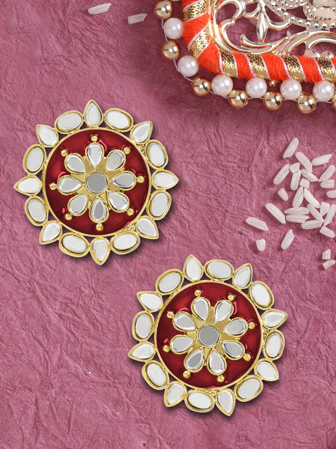 

LIVE EVIL Red & Gold-Toned Kundan Contemporary Studs Earrings