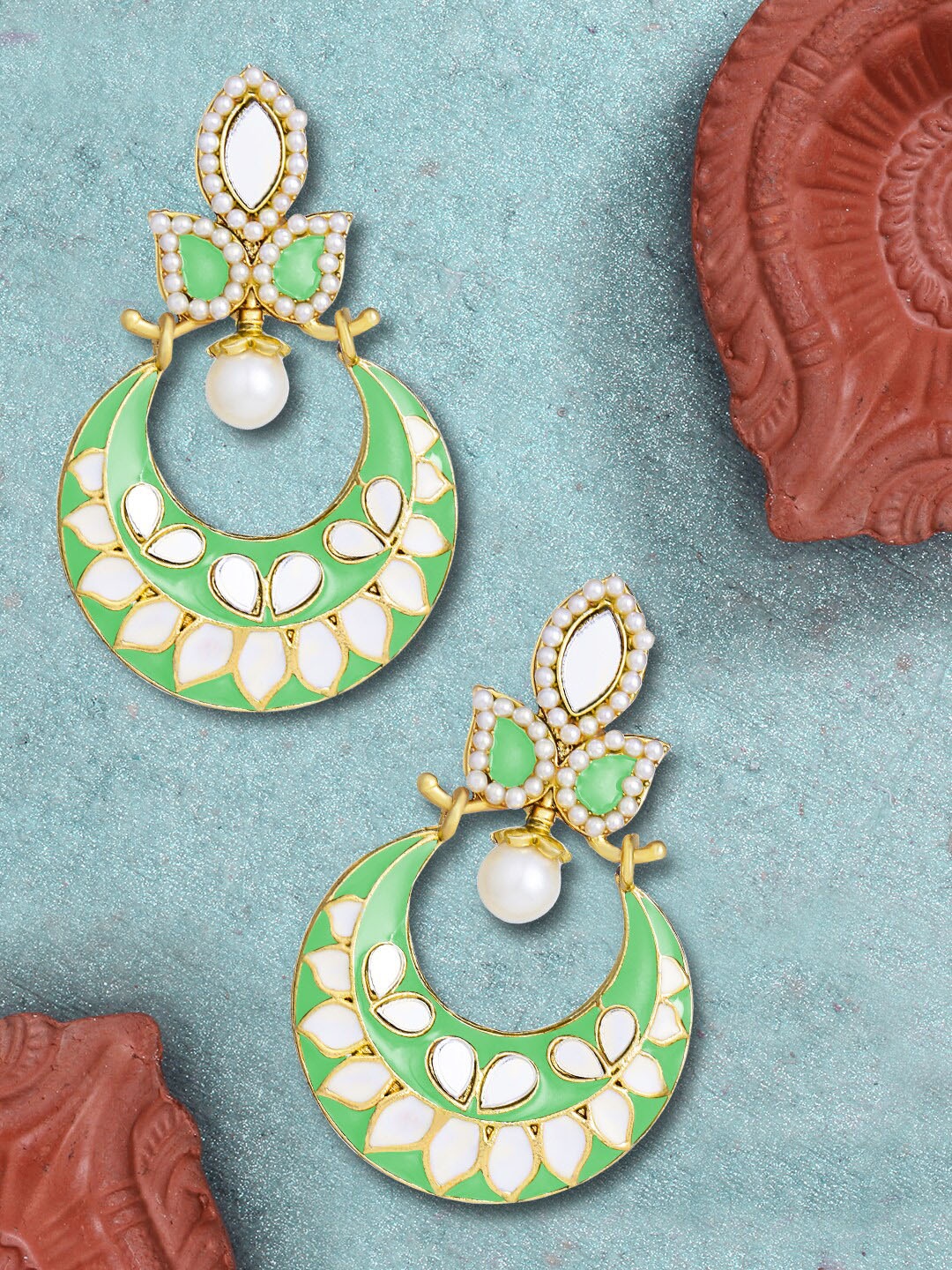 

LIVE EVIL Green Gold Plated Kundan and Pearl Contemporary Chandbalis Earrings