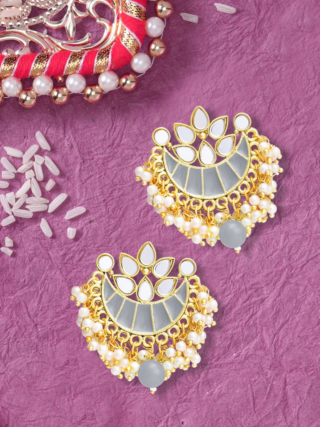 

LIVE EVIL Women Gold Plated Grey Contemporary Chandbalis Earrings