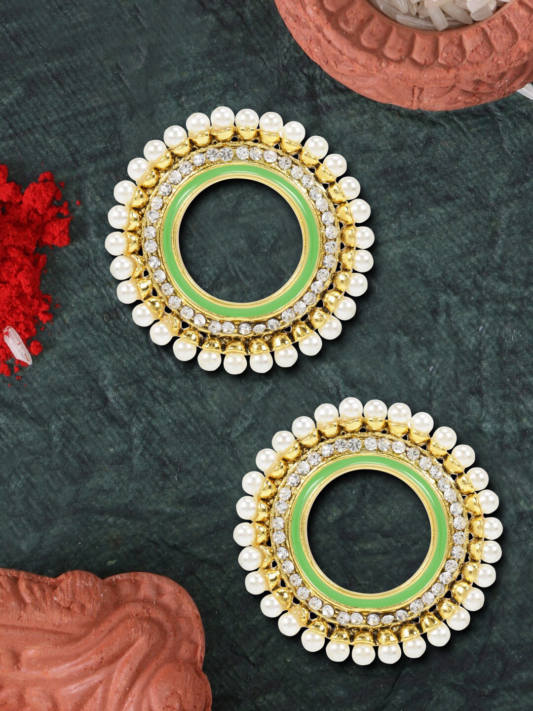 

LIVE EVIL Green Gold Plated Pearl Contemporary Jhumkas Earrings