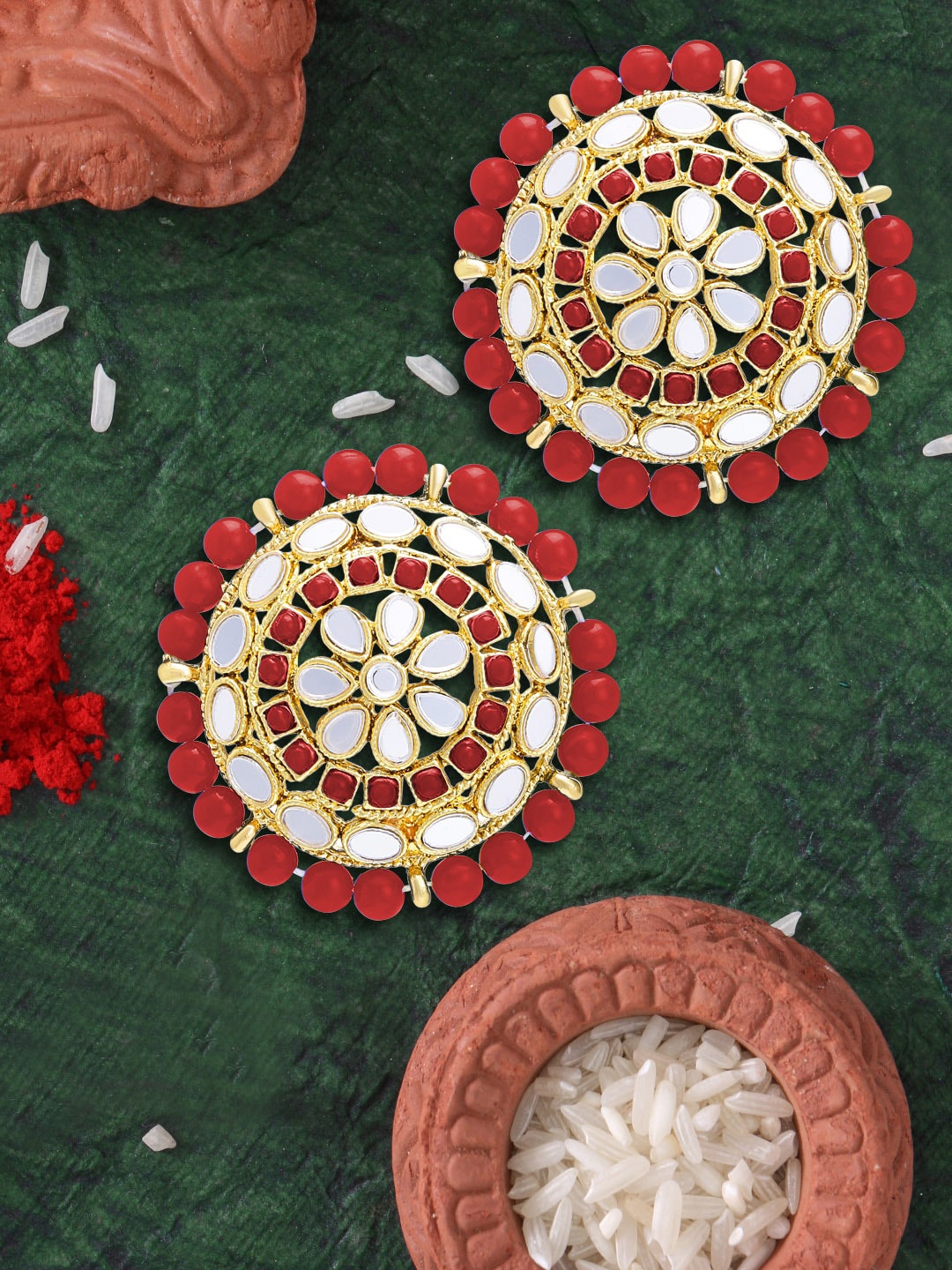 

LIVE EVIL Gold Plated & Red Handcrafted Jhumkis Kundan and Pearl Studs Earrings