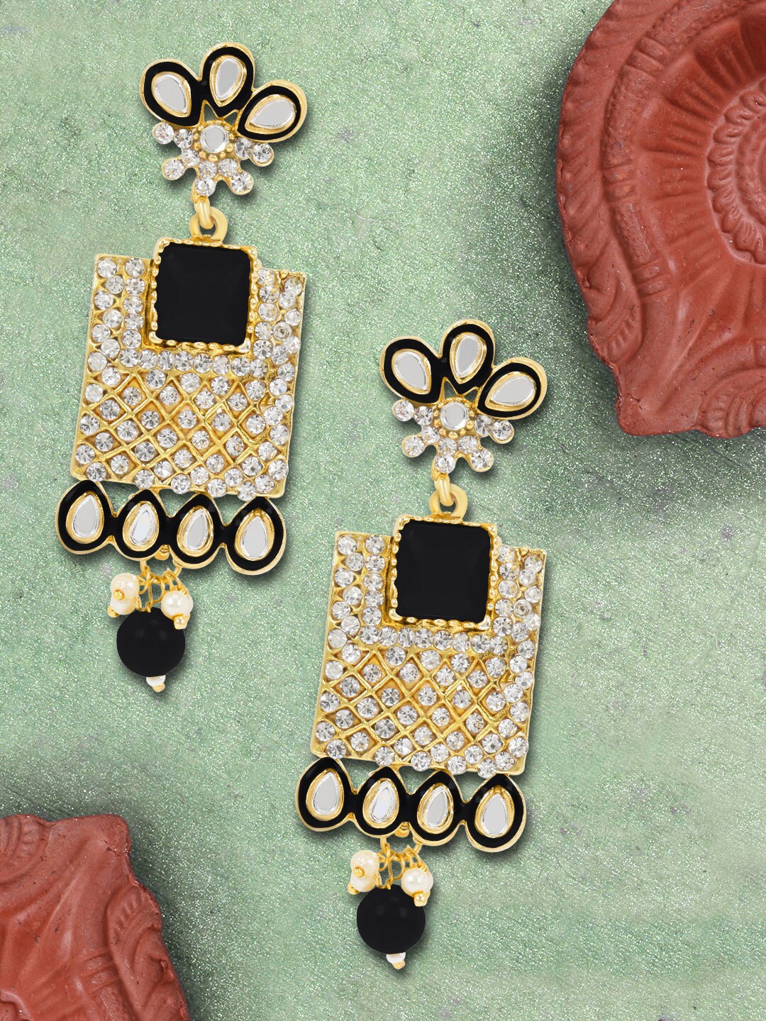 

LIVE EVIL Black Geometric Kundan and Pearl Drop Earrings