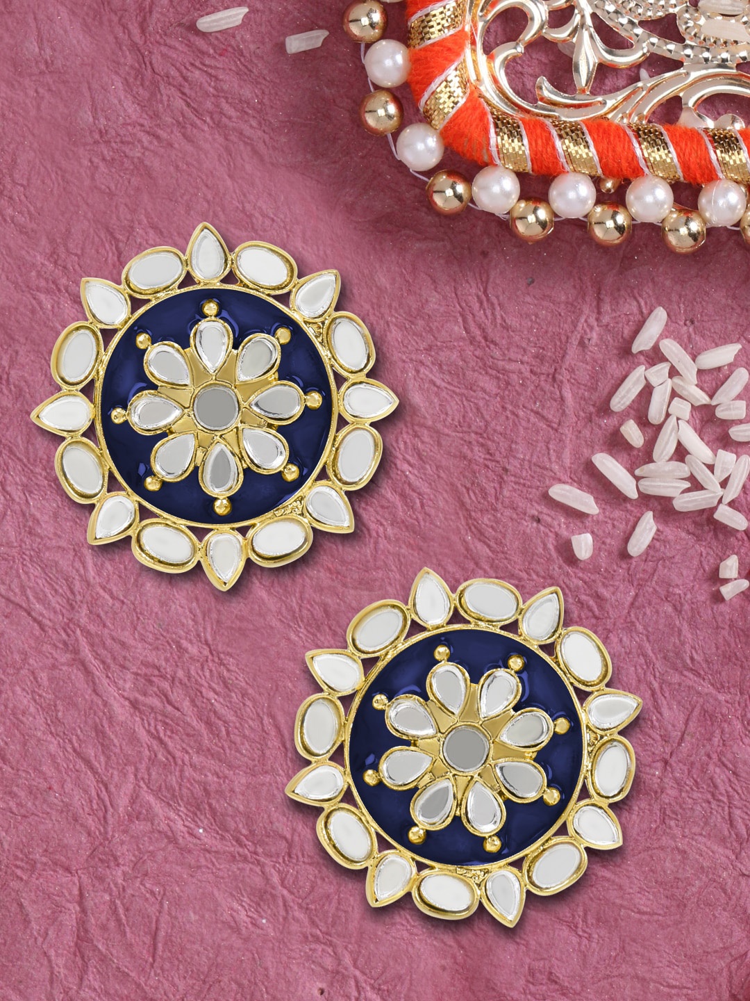 

LIVE EVIL Navy Blue & Gold-Toned Kundan Contemporary Drop Earrings