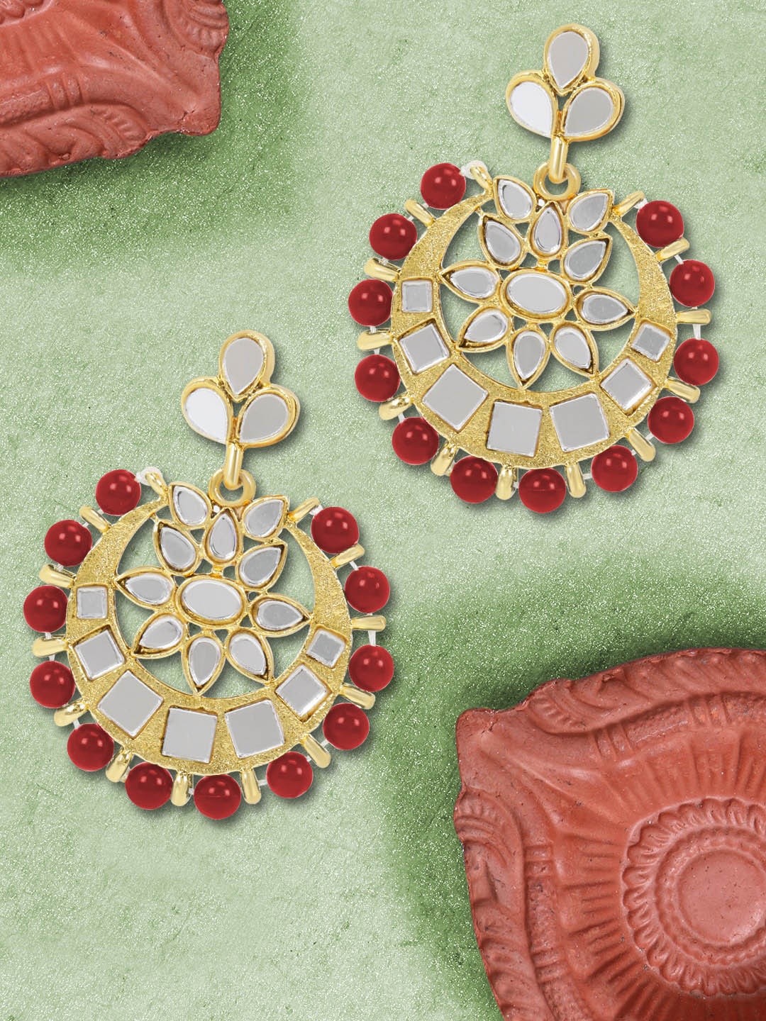 

LIVE EVIL Red Gold Plated Kundan and Pearl Contemporary Chandbalis Earrings