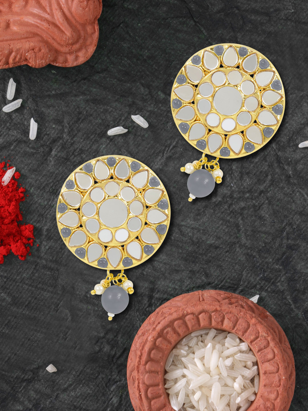 

LIVE EVIL Grey Circular Kundan and Pearl Drop Earrings