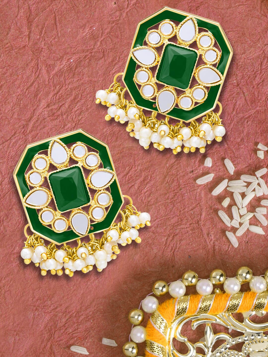 

LIVE EVIL Green & Gold-Toned Kundan & Pearl Contemporary Studs Earrings