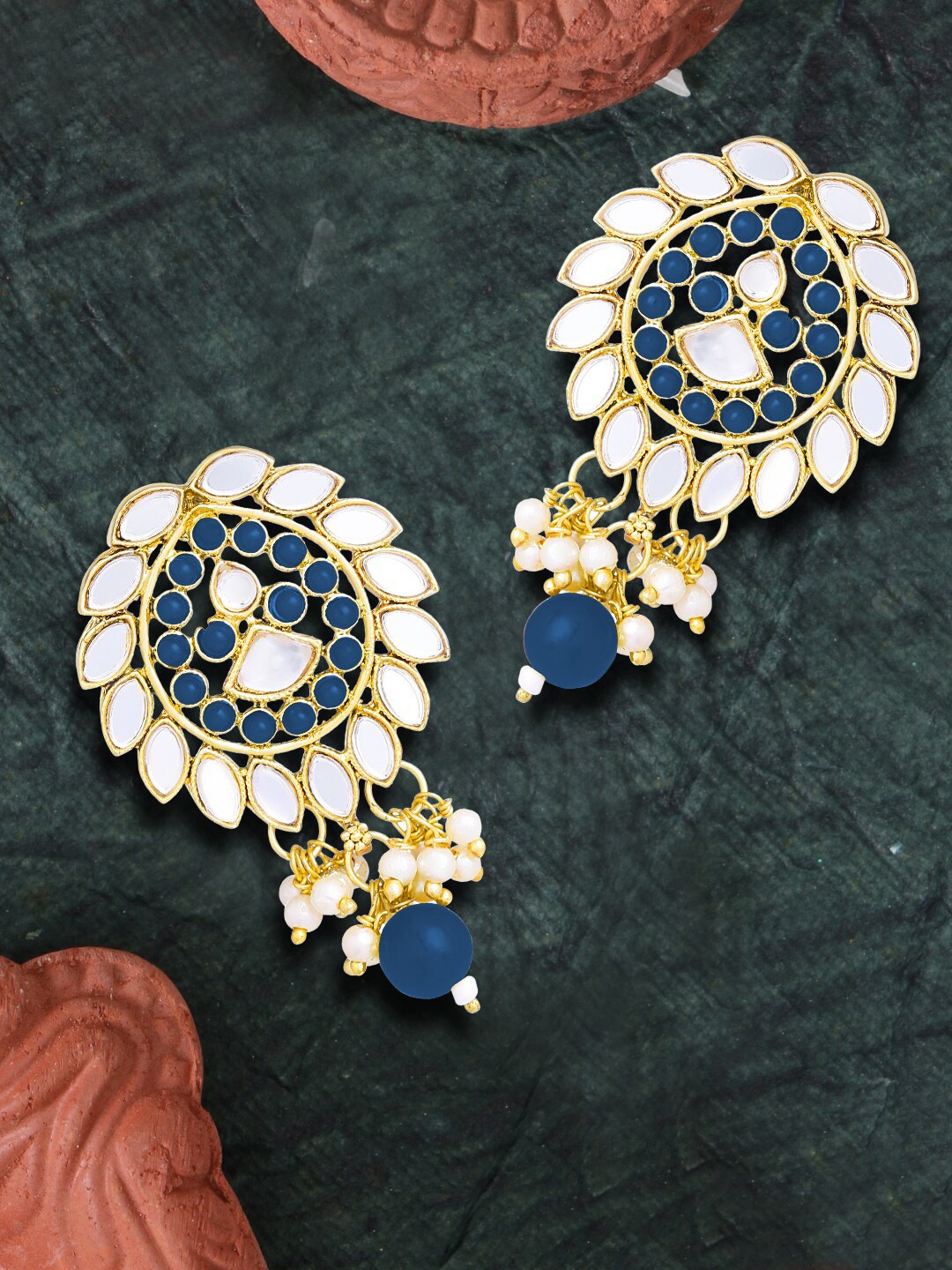 

LIVE EVIL Blue Circular Kundan and Pearl Drop Earrings