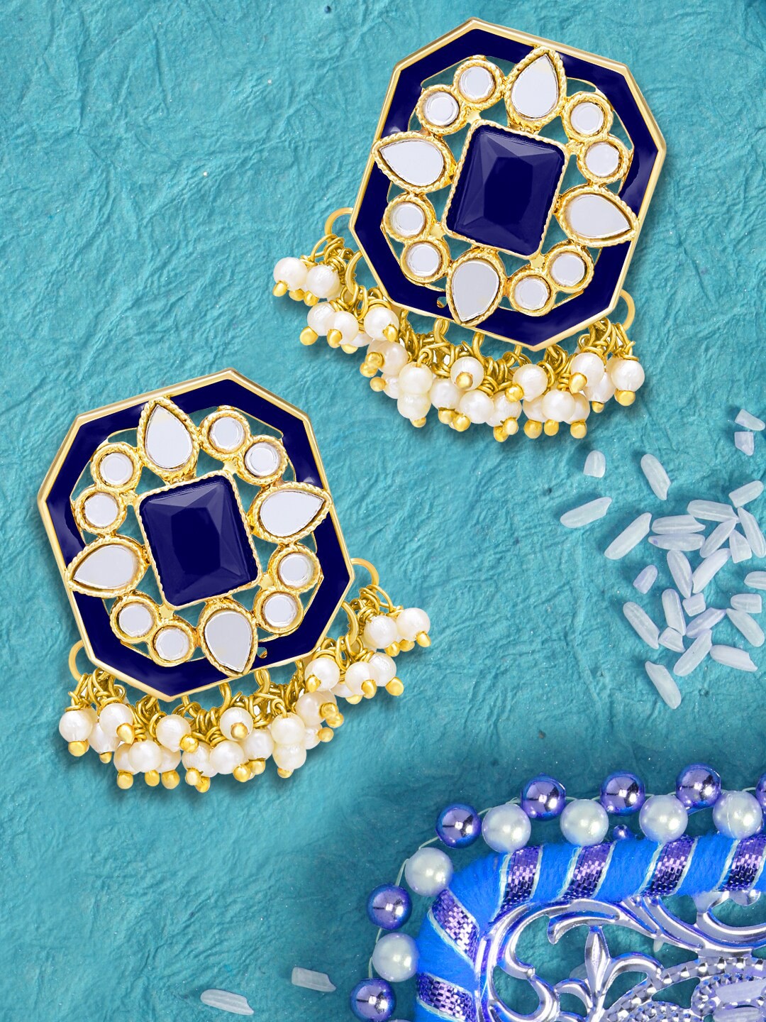 

LIVE EVIL Navy Blue Geometric Gold-Plated Kundan and Pearl Studs Earrings