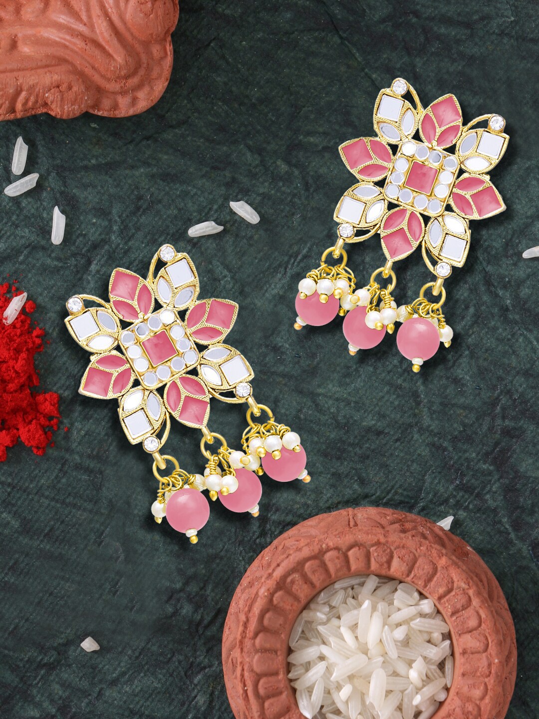 

LIVE EVIL Pink & White Gold Plated Contemporary Drop Earrings