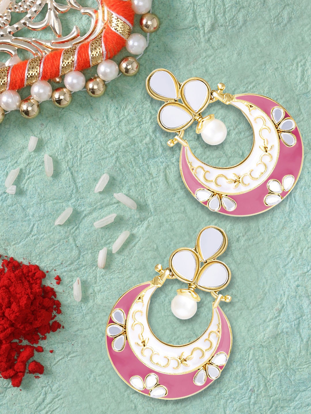 

LIVE EVIL Pink Gold Plated Kundan Contemporary Chandbalis Earrings