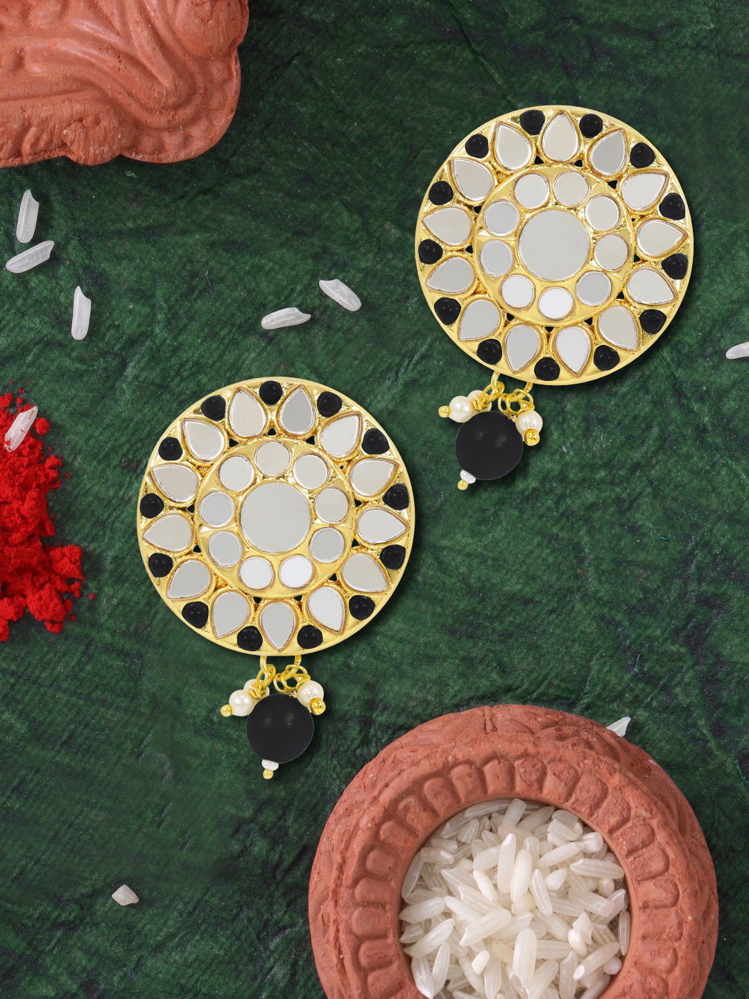 

LIVE EVIL Black Circular Kundan and Pearl Drop Earrings