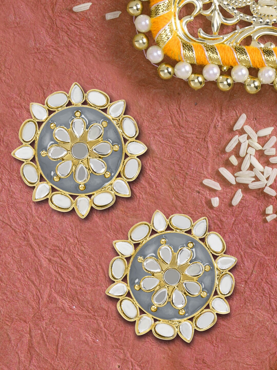 

LIVE EVIL Grey Gold Plated Kundan Contemporary Drop Earrings